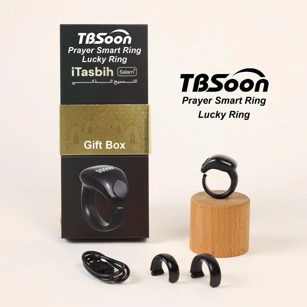انگشتر تسبیح هوشمند فشن، شمارنده تسبیح، راهنمای جهت قبله، ساعت زنگ دار 5 اذان، استغفار، تسبیح الکترونیکی، هدیه عید فطر، عید قربان، رمضان برای مردان و زنان - مشکی سایز قابل تنظیم