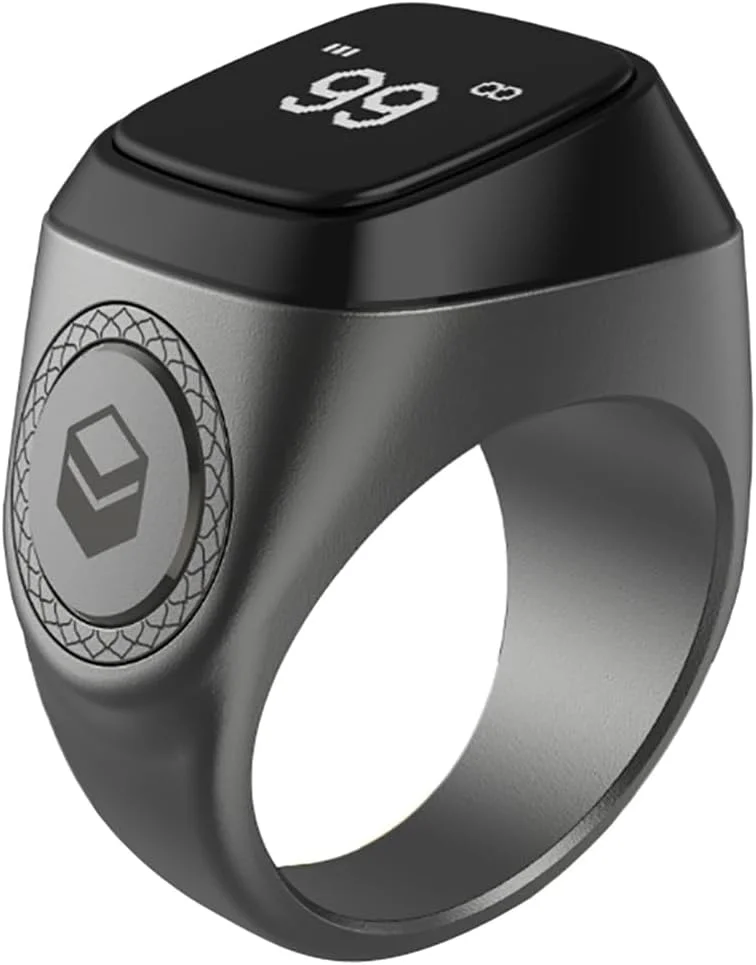 حلقه ذکر هوشمند تسبیح با نمایشگر OLED 0.42 اینچی، حلقه هوشمند فلزی با قابلیت شمارش تسبیح و یادآوری 5 زمان نماز، حلقه ذکر هوشمند iQibla مدل M02، حلقه ذکر هوشمند فلزی با عمر باتری طولانی، سایز 22 میلی متر، رنگ گرافیت