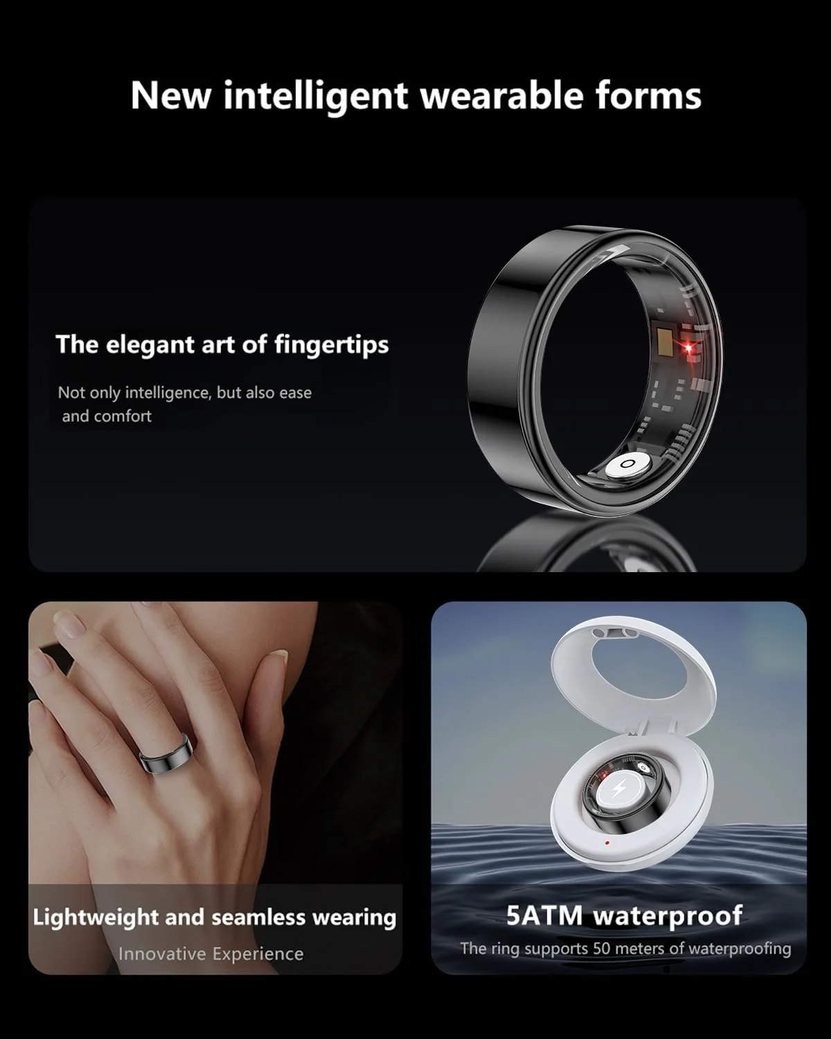 حلقه هوشمند ردیاب تناسب اندام با قابلیت سنجش ضربان قلب، اکسیژن خون و تجزیه و تحلیل خواب | ضد آب 5ATM | سازگار با iOS و Android | بدون نیاز به اشتراک