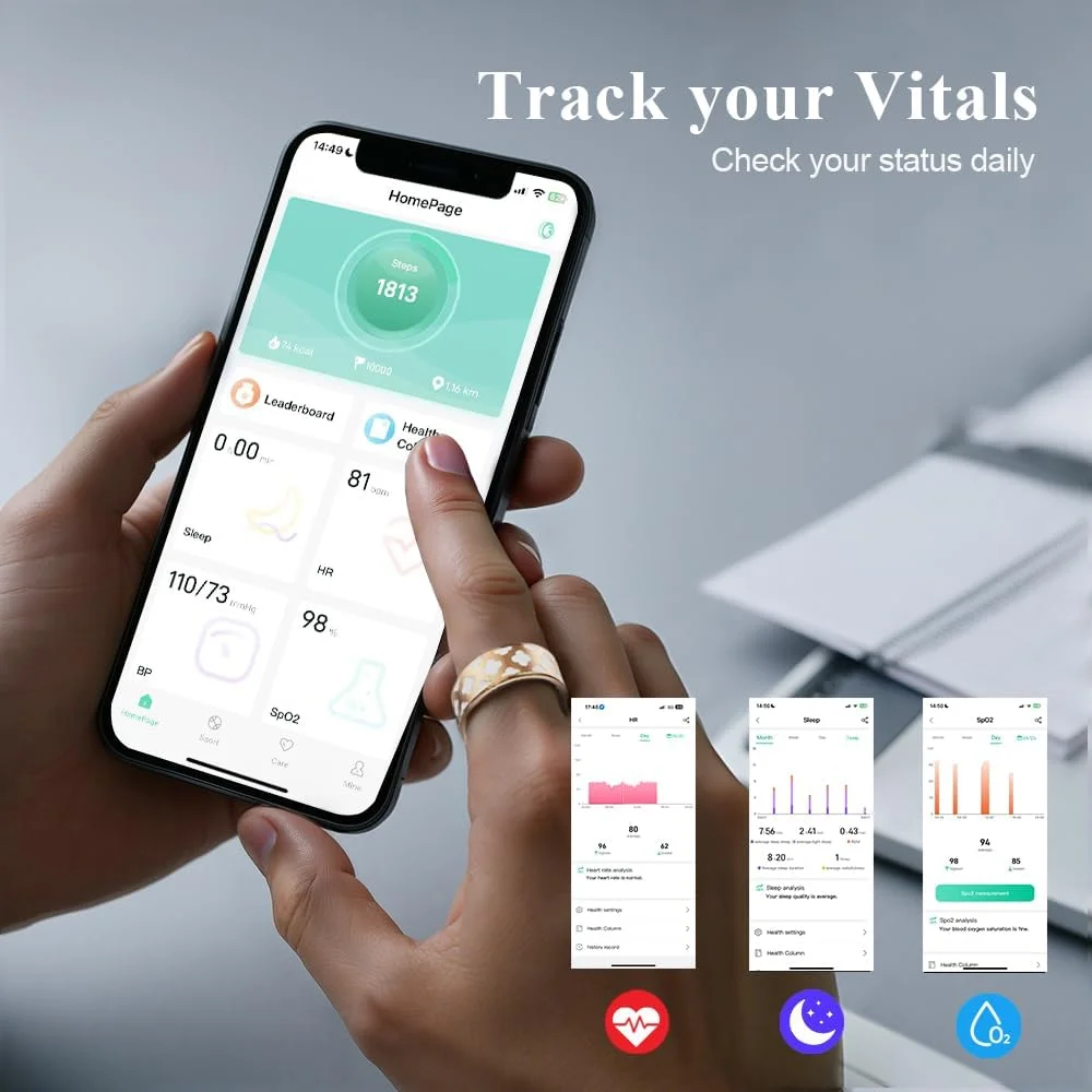 حلقه هوشمند تناسب اندام برای زنان، ردیاب حلقه هوشمند، حلقه سلامتی، ردیاب خواب، ضربان قلب، SpO2، کالری، اندازه گیری مسافت، گام شمار، طلایی رز برای اندروید و iOS (11)
