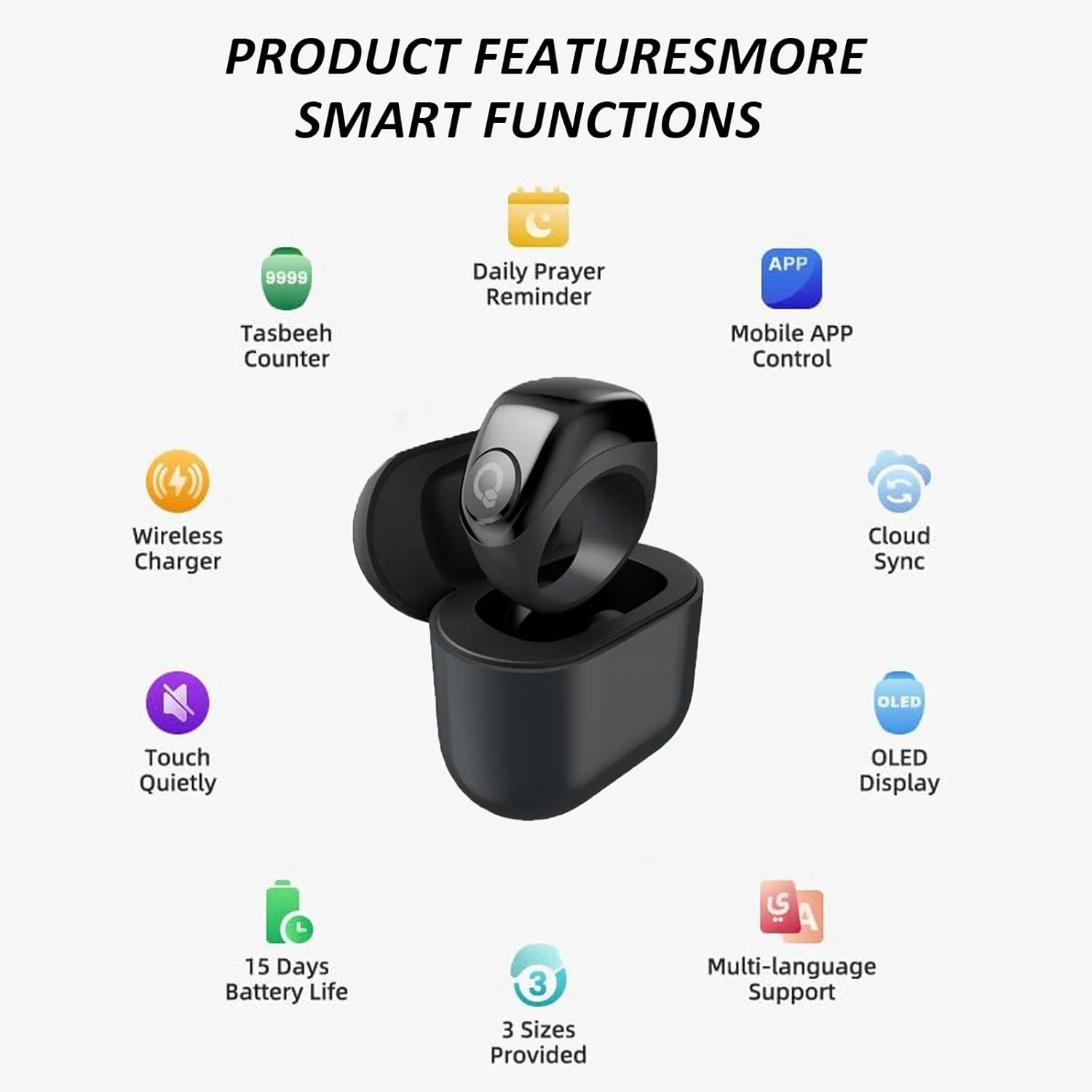 انگشتر هوشمند، نماز مسلمانان، یادآوری زمان نماز، انگشتر تسبیح هوشمند، صفحه نمایش 0.55 اینچی OLED، شمارنده تسبیح، انگشتر هوشمند ضد آب IP67، 3 نوع انگشتر متغیر، با جعبه شارژ عمر باتری فوق العاده طولانی