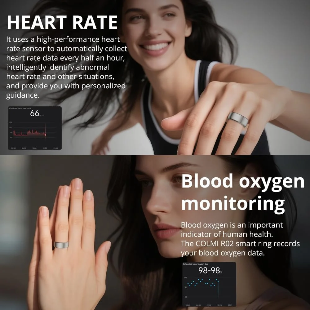 انگشتر هوشمند COLMI R02، انگشتر هوشمند برای زنان و مردان، با جعبه شارژ، پشتیبانی از ضربان قلب، اکسیژن خون، نظارت بر سلامت خواب و انگشتر ردیابی ورزشی. (نقره ای، سایز 9)