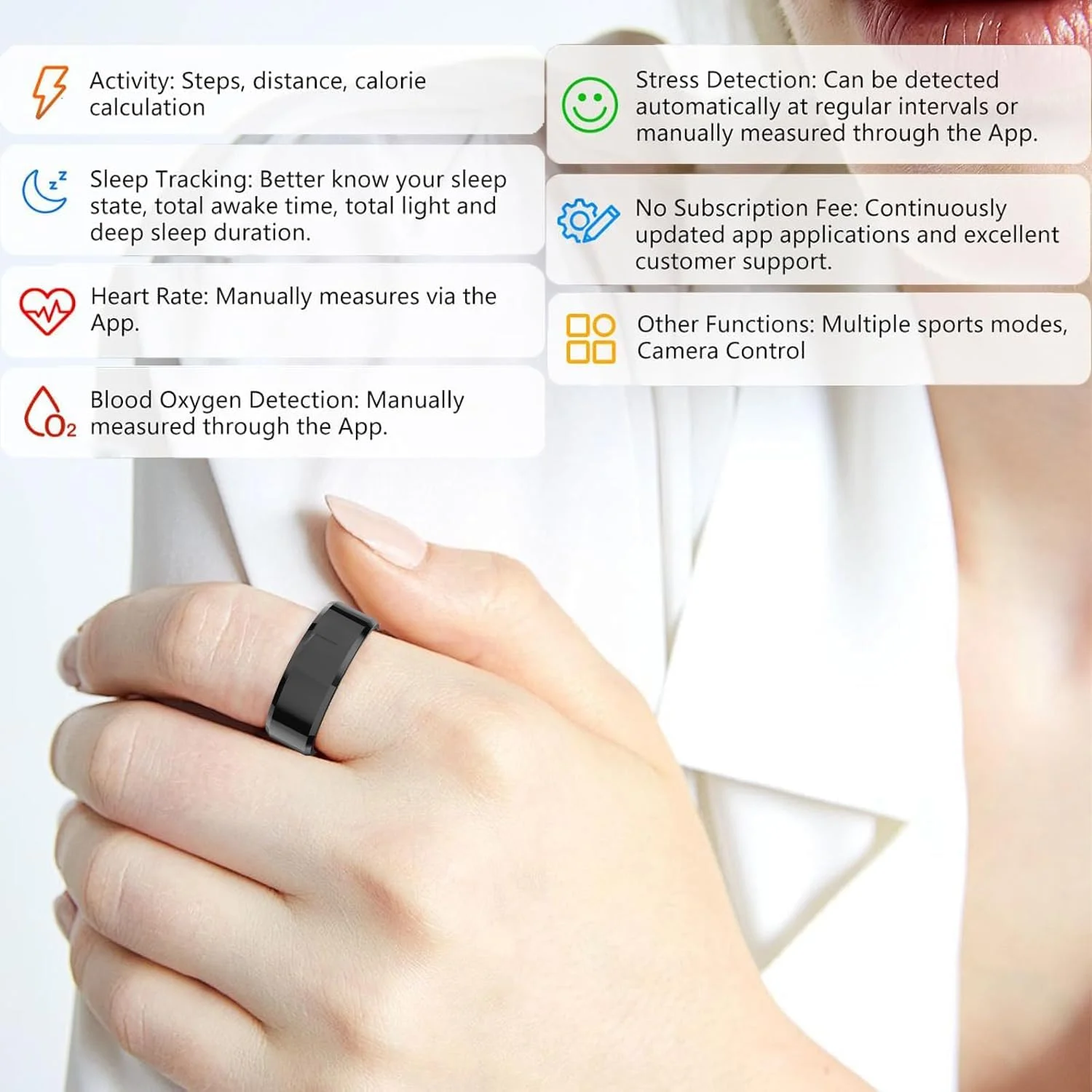 حلقه هوشمند، حلقه هوشمند بلوتوثی با قابلیت پایش خواب، ضربان قلب و اکسیژن خون، حلقه پایش ورزشی با حالت‌های گوناگون، عکسبرداری از راه دور، باتری بادوام برای استفاده روزانه، ورزشی، تناسب اندام - مناسب برای همه (مشکی سایز 11)