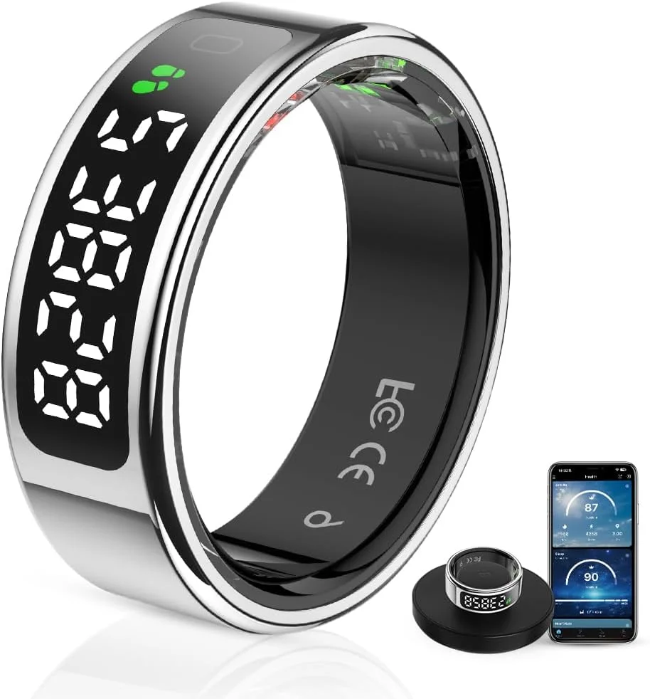حلقه هوشمند با نمایشگر LCD - حلقه کنترل لمسی ردیاب خواب با شمارشگر ضربان قلب/اکسیژن خون/گام شمار، پایه شارژ بی سیم، ردیاب تناسب اندام ضد آب 5ATM، بدون هزینه اشتراک (نقره ای، 10)