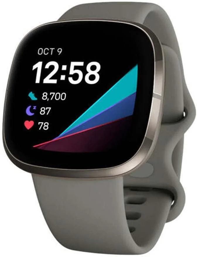 ساعت هوشمند پیشرفته Fitbit Sense با ابزارهایی برای سلامت قلب، مدیریت استرس و بررسی تغییرات دمای پوست، خاکستری مریم گلی/نقره ای