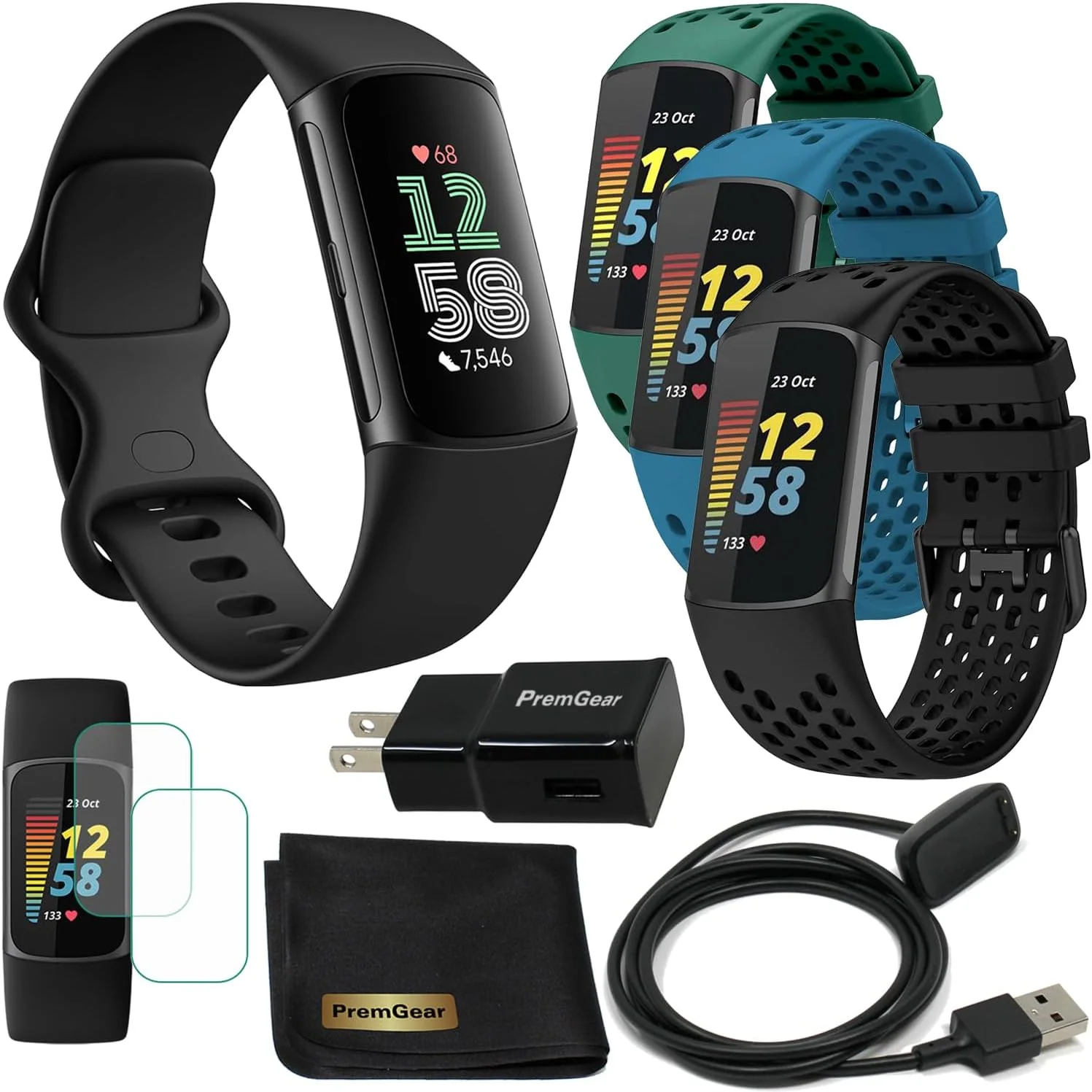 ساعت ردیاب تناسب اندام Fitbit Charge 6 با برنامه‌های Google (مشکی) به همراه بسته PremGear شامل 3 بند ساعت سیلیکونی راحت، کابل شارژ 3 فوتی، آداپتور، محافظ صفحه نمایش و پارچه