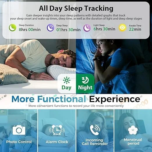 دستبند هوشمند، مچ بند سلامت هوشمند، ردیاب فعالیت و تناسب اندام 24/7 در همه شرایط آب و هوایی با بیش از 120 حالت ورزشی، شمارنده کالری و قدم، پایش ضربان قلب، ردیاب خواب 24 ساعته IP68 ضد آب - برنامه رایگان (مشکی)