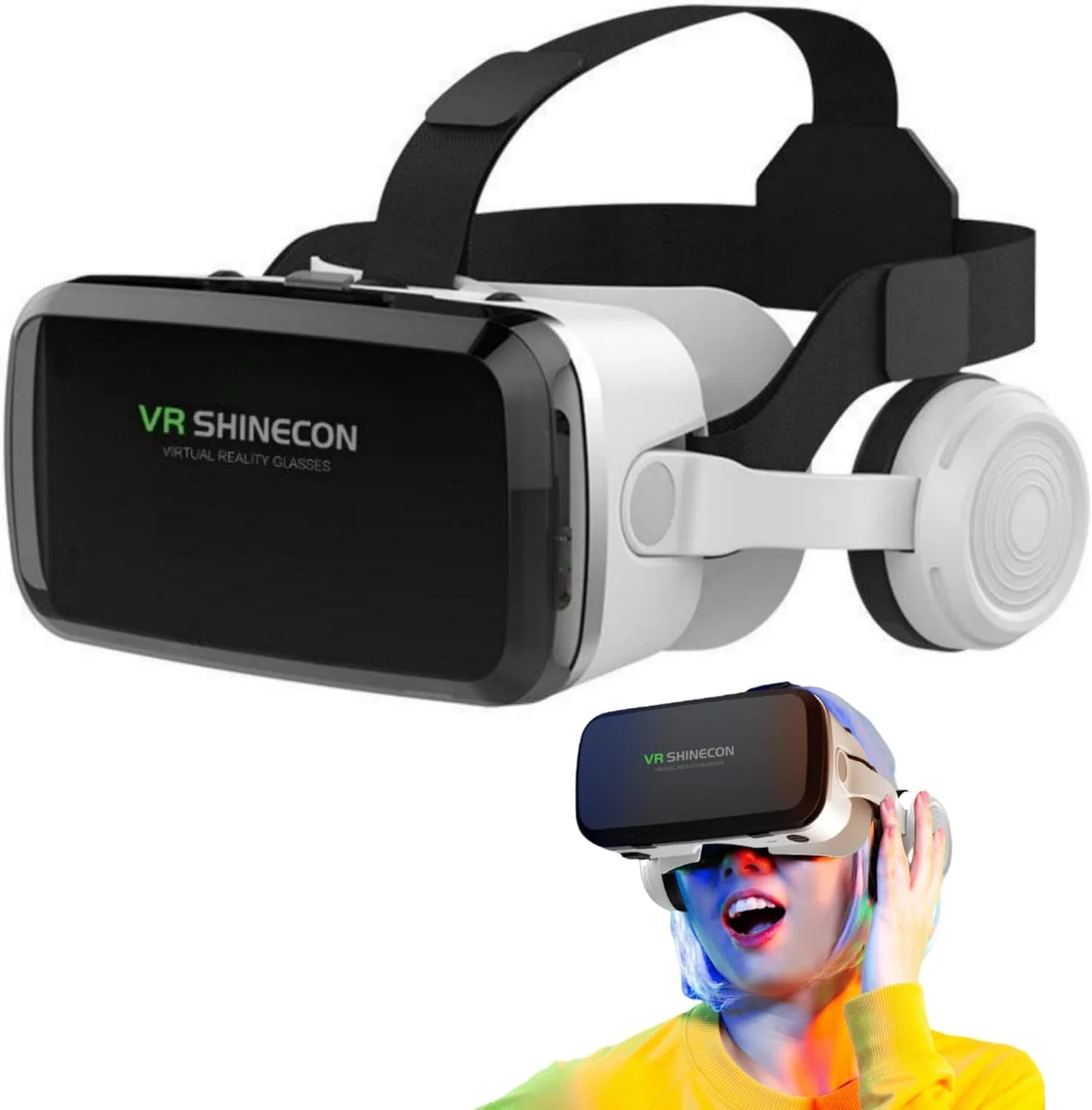 هدست واقعیت مجازی با هدفون بلوتوثی برای آیفون 16، 15، 14، 13 پرو مکس پلاس و گوشی‌های گلکسی S24، S23، S22 و غیره (سایز 5 تا 7.2 اینچ)، عینک واقعیت مجازی یونیورسال برای فیلم‌های سه بعدی و بازی بزرگسالان و کودکان