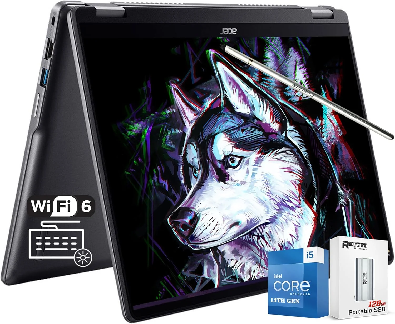 لپ تاپ 2 در 1 ایسر Chromebook Plus Spin 514، صفحه نمایش لمسی 14 اینچی WUXGA IPS، پردازنده نسل سیزدهم اینتل 10 هسته ای i5-1334U، رم 8 گیگابایتی LPDDR5X، حافظه SSD 512 گیگابایتی Pcle 4.0، کیبورد با نور پس زمینه، WiFi 6E، سیستم عامل Chrome، به همراه 128 گیگابایت PSD و قلم