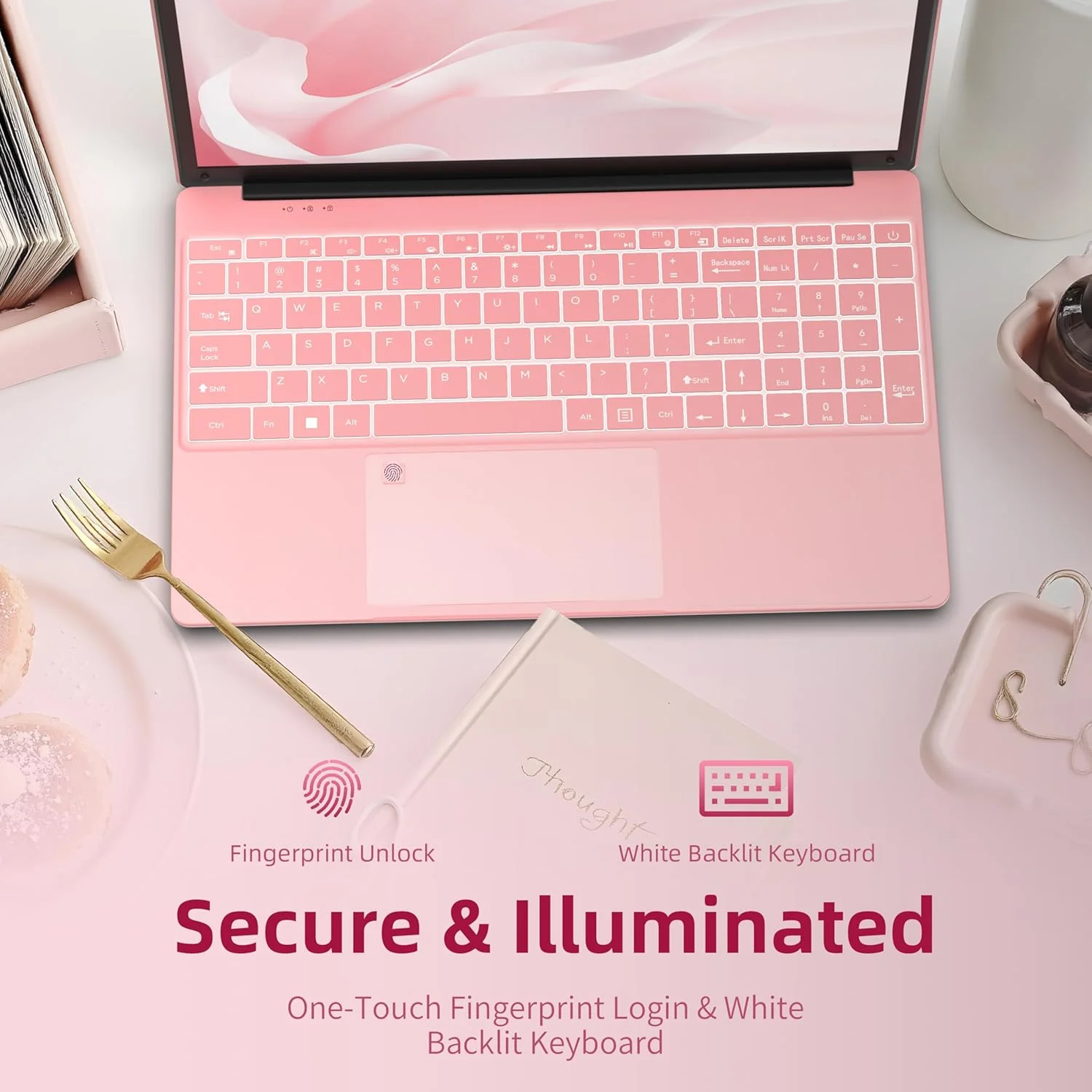 لپ تاپ 15.6 اینچی فول اچ دی با پردازنده گلد 6500Y، رم 16 گیگابایتی، اس اس دی 512 گیگابایتی، صفحه نمایش FHD IPS، کیبورد با نور پس زمینه، نوت بوک قابل حمل صورتی، سیستم از پیش نصب شده، طراحی باریک و قابل حمل (PIN 6500 16+512)