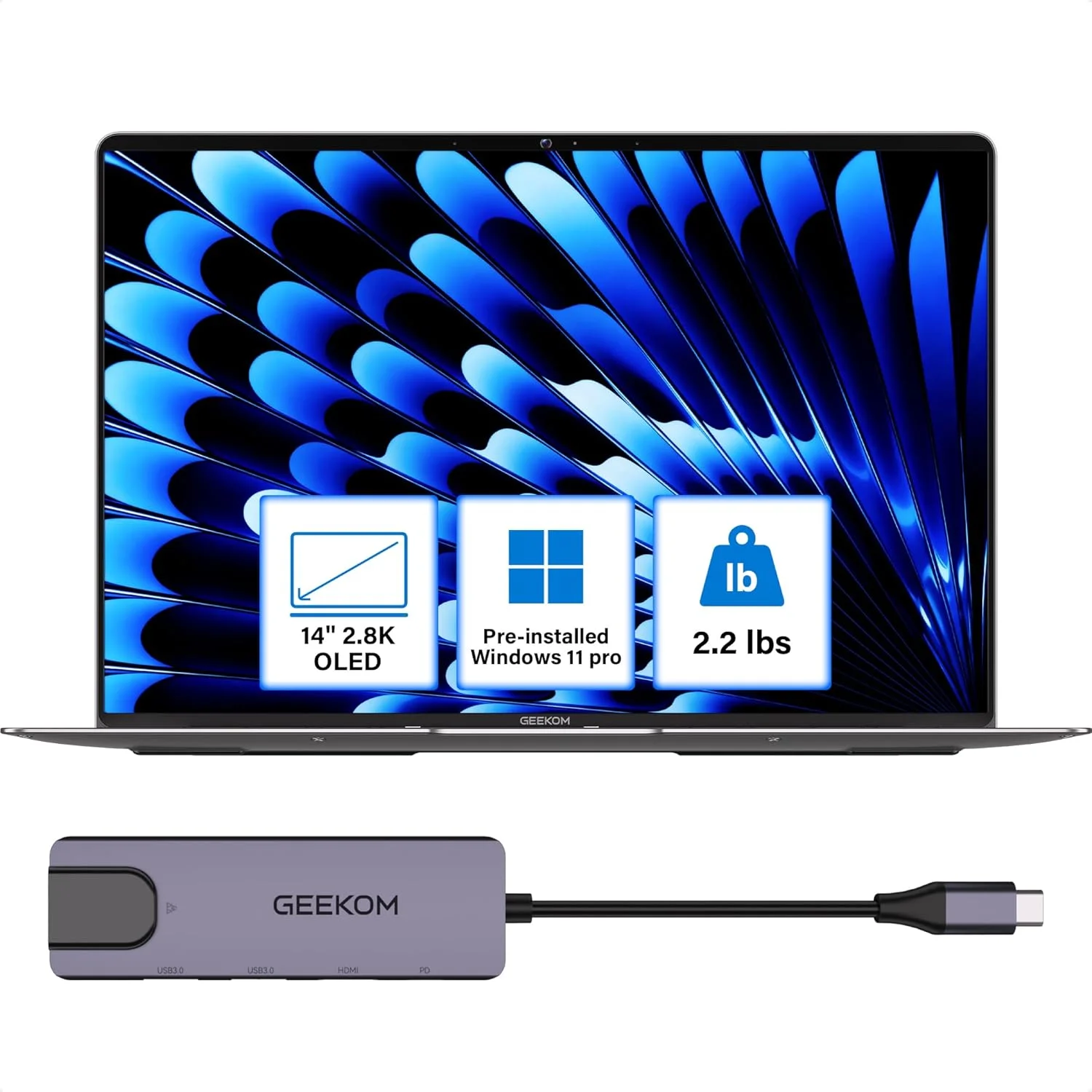 لپ تاپ GEEKOM GeekBook X14 Pro، فوق العاده نازک 2.2 پوندی، کامپیوتر لپ تاپ 14 اینچی 2.8K OLED، Ultra 9 185H، رم 32 گیگابایتی LPDDR5x 7500 مگاهرتز، SSD 2 ترابایتی، تا 16 ساعت عمر باتری، 2 پورت USB4، حسگر اثر انگشت، هاب، Copilot، ویندوز 11 پرو