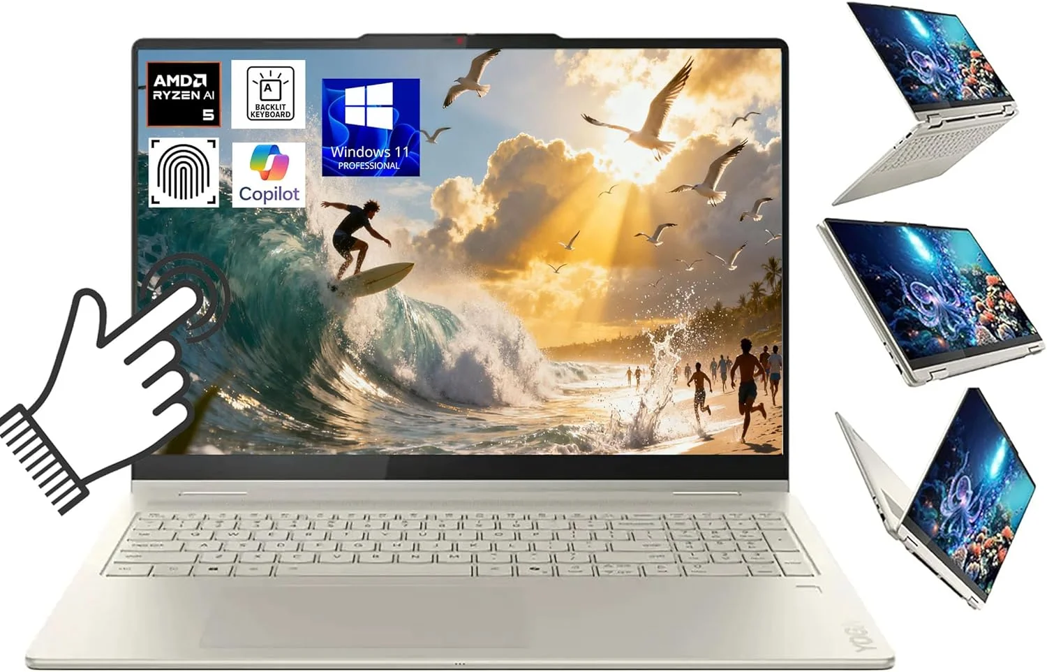 لپ تاپ 2 در 1 لنوو یوگا 7، صفحه نمایش لمسی 16 اینچ 2K، پردازنده AMD Ryzen AI 5 340 تا 4.8 گیگاهرتز، AMD Radeon 840M، رم 16 گیگابایت LPDDR5X، حافظه SSD 1 ترابایت، WiFi 7، کیبورد با نور پس زمینه، حسگر اثر انگشت، ویندوز 11 پرو به همراه لوازم جانبی BWE