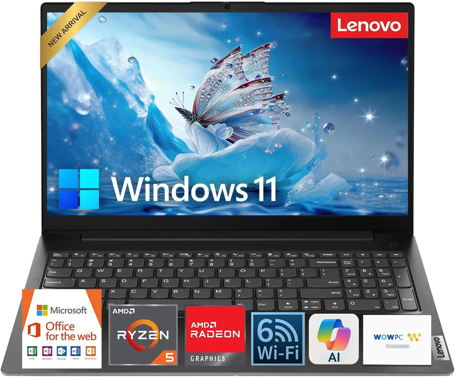 لپ تاپ لمسی 15.6 اینچی FHD لنوو با Microsoft Office • AMD Ryzen 5 7520U (بهتر از i7-1255U) • 16 گیگابایت DDR5RAM • 512 گیگابایت SSD • شاتر حفظ حریم خصوصی • باتری 15 ساعته • Dolby Audio • Copilot AI • Win 11 • WOWPC USB