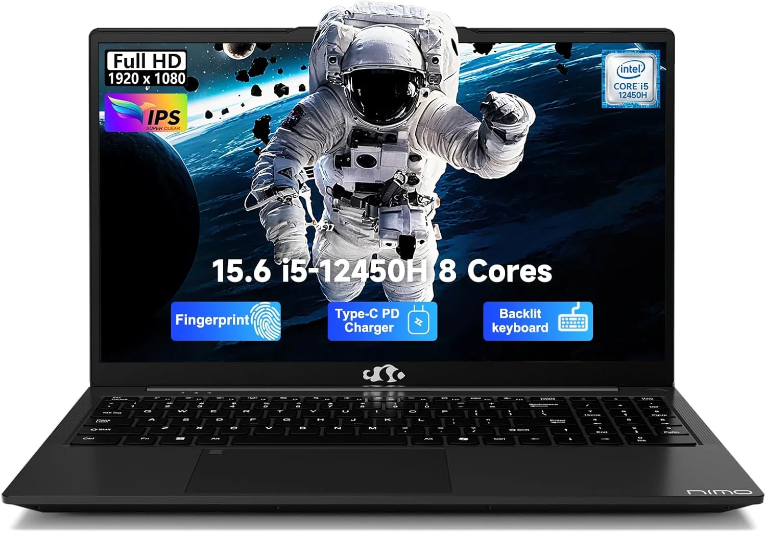 لپ تاپ تجاری NIMO با صفحه نمایش 15.6 اینچی FHD IPS، پردازنده 8 هسته ای Intel i5-12450H، رم 16 گیگابایتی، حافظه SSD 1 ترابایتی (تا 4.4 گیگاهرتز)، کامپیوتر دانشجویی با پورت Type-C 100W، حسگر اثر انگشت، کیبورد با نور پس زمینه، WiFi-6، نامپد و ویندوز 11