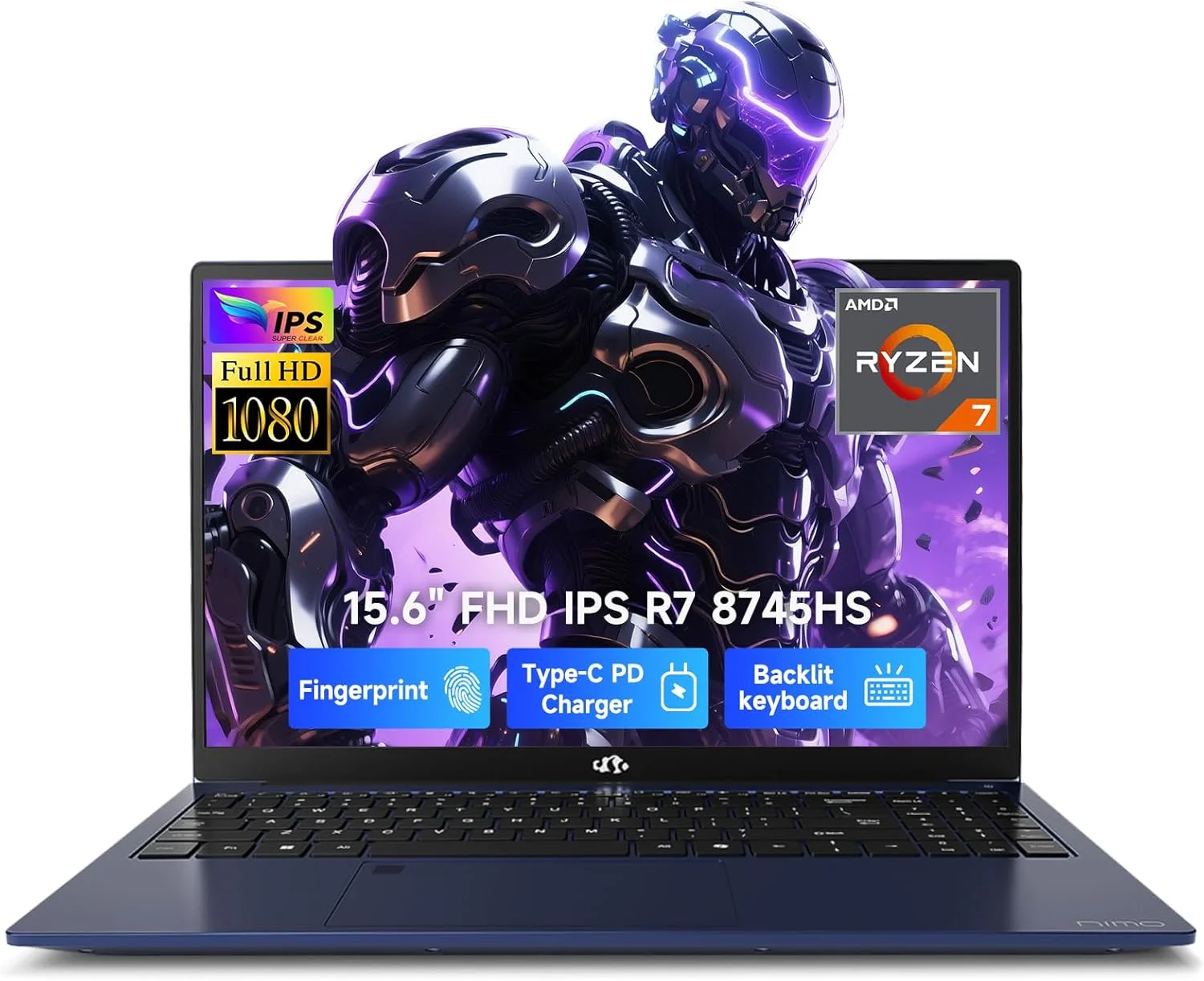 لپ تاپ گیمینگ 15.6 اینچی NIMO با صفحه نمایش FHD IPS، پردازنده Ryzen 7 8745HS، رم 16 گیگابایتی DDR5، حافظه SSD 512 گیگابایتی (8 هسته/16 رشته، تا 4.9 گیگاهرتز)، کارت گرافیک Radeon 780M، مناسب برای کاربری تجاری، دارای کیبورد با نور پس زمینه 100 واتی Type-C، حسگر اثر انگشت و USB-C 4.0