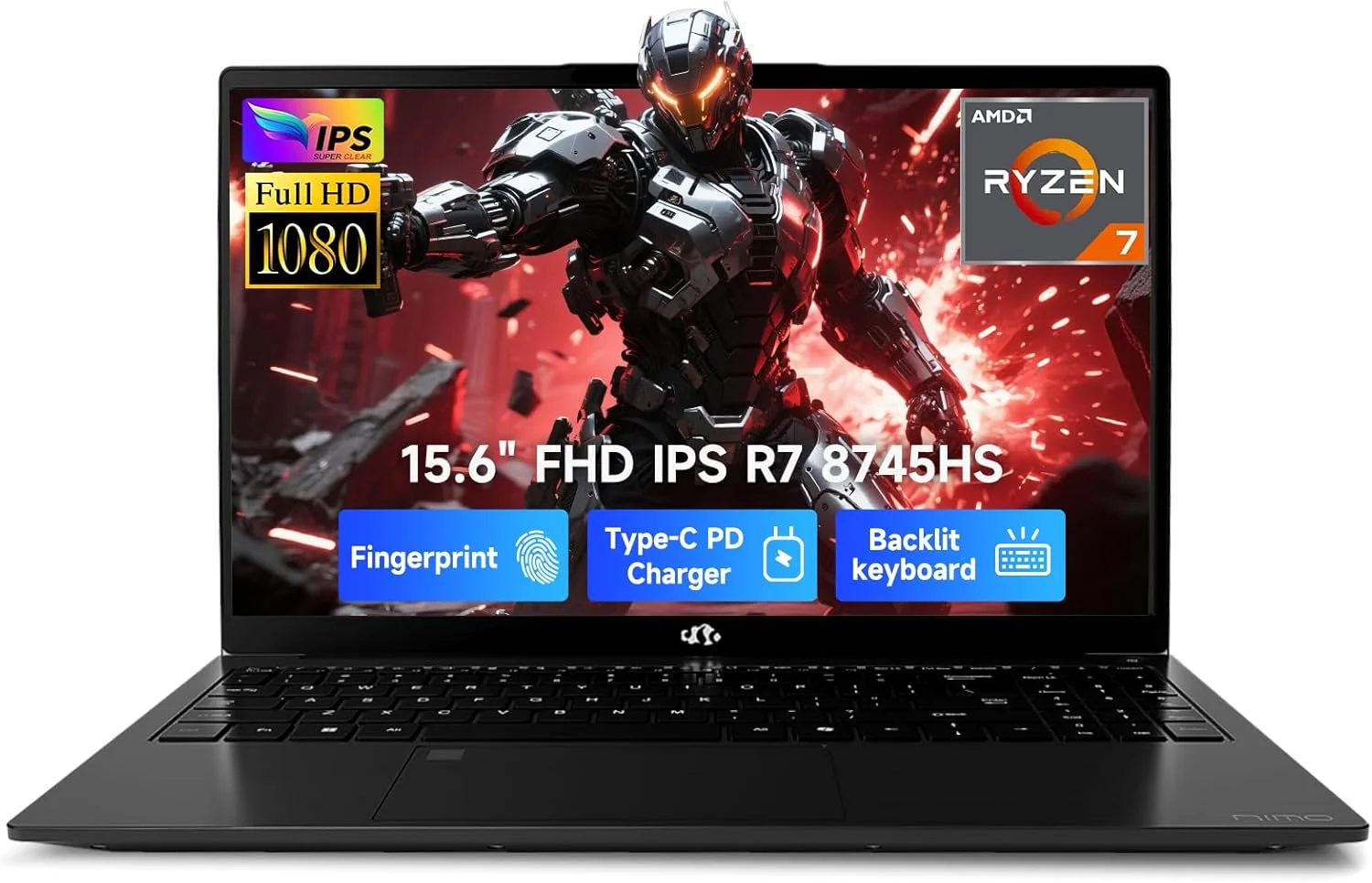 لپ تاپ گیمینگ 15.6 اینچی NIMO با صفحه نمایش IPS FHD، پردازنده Ryzen 7 8745HS، رم 32 گیگابایتی DDR5، حافظه SSD 1 ترابایتی (8 هسته/16 رشته، تا 4.9 گیگاهرتز)، گرافیک Radeon 780M، کامپیوتر تجاری با کیبورد دارای نور پس زمینه 100 واتی Type-C، حسگر اثر انگشت USB-C 4.0