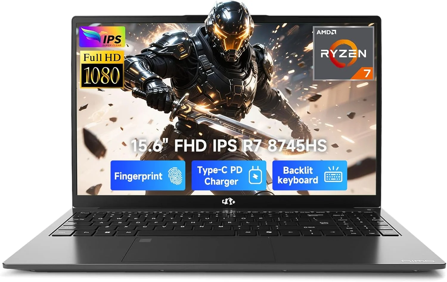 لپ تاپ گیمینگ 15.6 اینچی FHD IPS NIMO، رایزن 7 8745HS، رم 16 گیگابایتی DDR5، اس اس دی 512 گیگابایتی (8 هسته/16 رشته، تا 4.9 گیگاهرتز)، گرافیک Radeon 780M، کامپیوتر تجاری با کیبورد دارای نور پس زمینه 100 واتی Type-C، اثر انگشت USB-C 4.0
