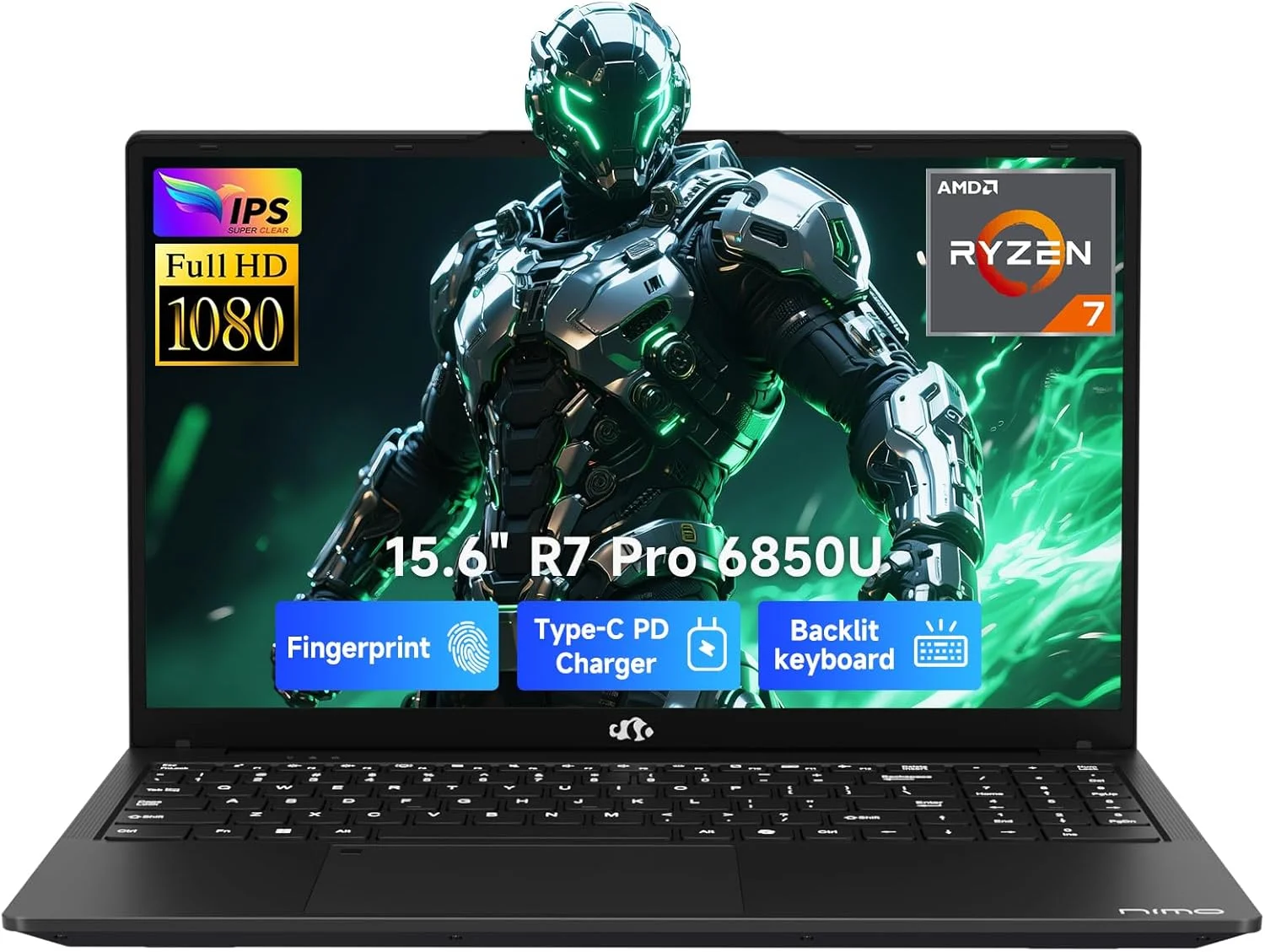 لپ تاپ گیمینگ 15.6 اینچی IPS FHD NIMO، Ryzen 7 8745HS، رم 32 گیگابایتی DDR5، اس اس دی 1 ترابایتی (8 هسته/16 رشته، تا 4.9 گیگاهرتز)، گرافیک Radeon 780M، شارژر سریع 100 واتی Type-C، کیبورد با نور پس زمینه، حسگر اثر انگشت، USB 4.0