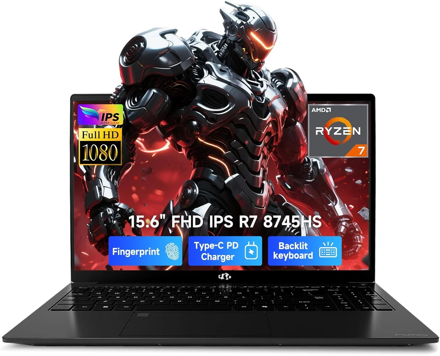 لپ تاپ گیمینگ 15.6 اینچی NIMO با صفحه نمایش IPS FHD، پردازنده Ryzen 7 8745HS، رم 32 گیگابایتی DDR5، حافظه SSD 1 ترابایتی (8 هسته/16 رشته، تا 4.9 گیگاهرتز)، گرافیک Radeon 780M، پورت Type-C 100W، کیبورد با نور پس زمینه، حسگر اثر انگشت، کامپیوتر تجاری USB-C 4.0