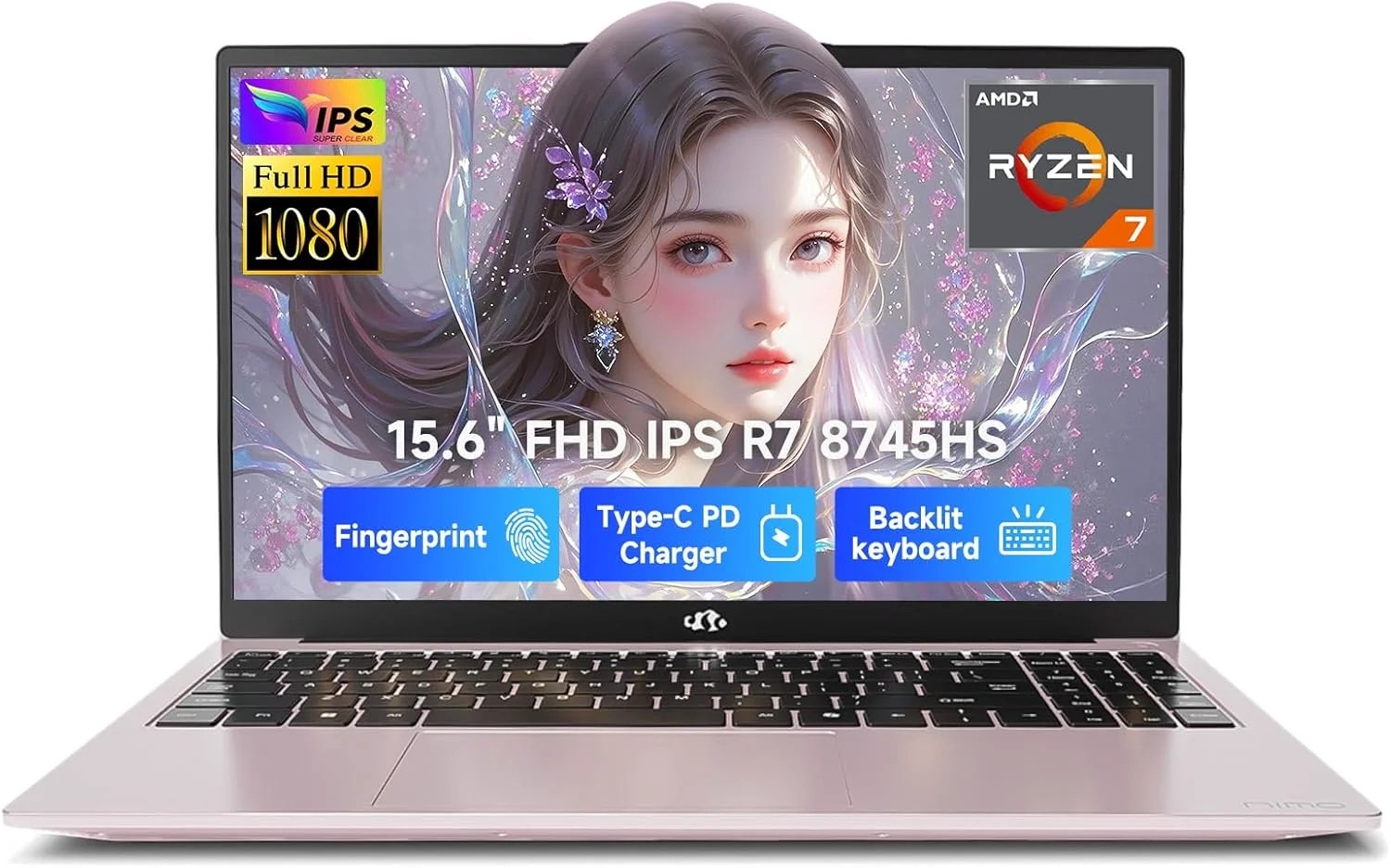لپ تاپ گیمینگ 15.6 اینچی IPS FHD NIMO، رایزن 7 8745HS، رم 64 گیگابایتی DDR5، اس اس دی 1 ترابایتی (8 هسته/16 رشته، تا 4.9 گیگاهرتز)، گرافیک Radeon 780M، کامپیوتر تجاری با کیبورد دارای نور پس زمینه 100 واتی Type-C، حسگر اثر انگشت USB-C 4.0