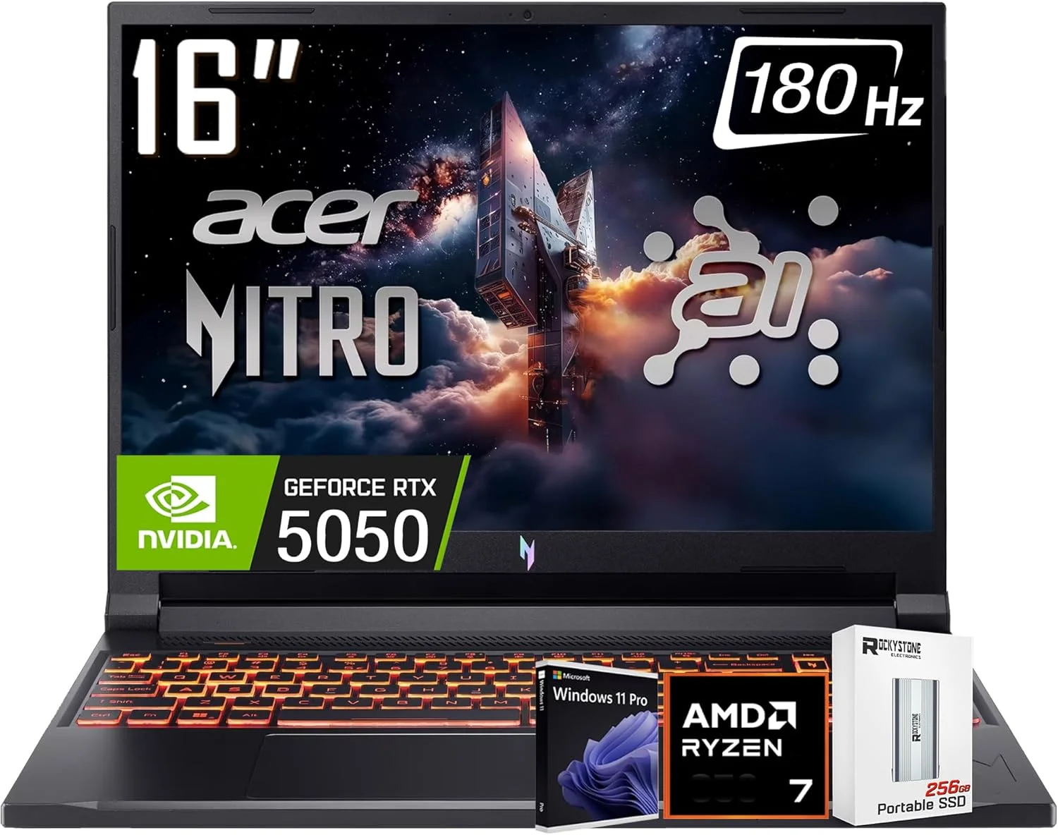 لپ تاپ گیمینگ ایسر Nitro V 16 AI، نمایشگر 16 اینچی WUXGA IPS با نرخ نوسازی 180 هرتز، AMD Ryzen 7 260 (>Intel i7-14700)، NVIDIA GeForce RTX 5050 8GB GDDR7، 16 گیگابایت DDR5، 512 گیگابایت SSD، WiFi 6E، کیبورد با نور پس زمینه RGB، Win11 PRO، به همراه 256 گیگابایت PSD