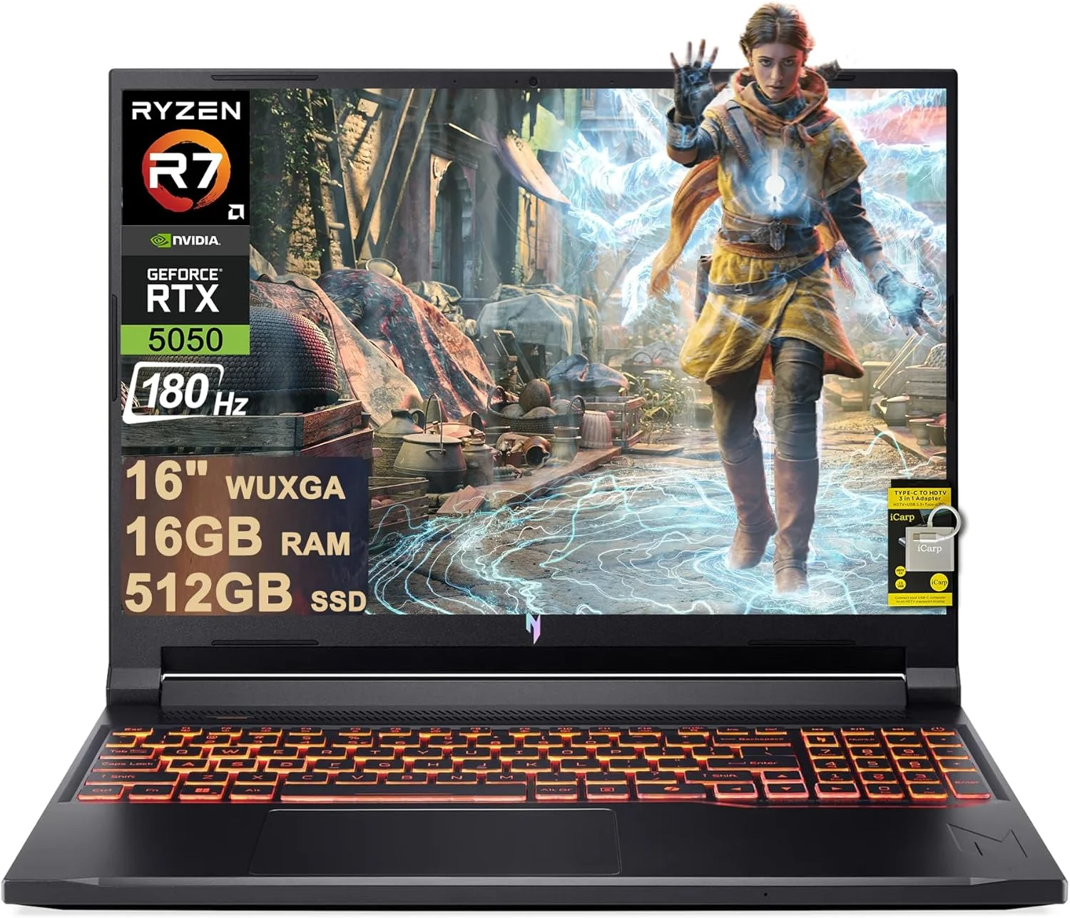 لپ تاپ گیمینگ ایسر Nitro V 16 AI، صفحه نمایش 16 اینچی WUXGA IPS 180Hz، پردازنده 8 هسته ای AMD Ryzen 7 260 (بهتر از i7-13700H)، رم 16 گیگابایتی DDR5، حافظه SSD 512 گیگابایتی، کارت گرافیک GeForce RTX 5050 (تا 421 AI Tops)، نور پس زمینه، Wi-Fi 6E، ویندوز 11، ICP Hub