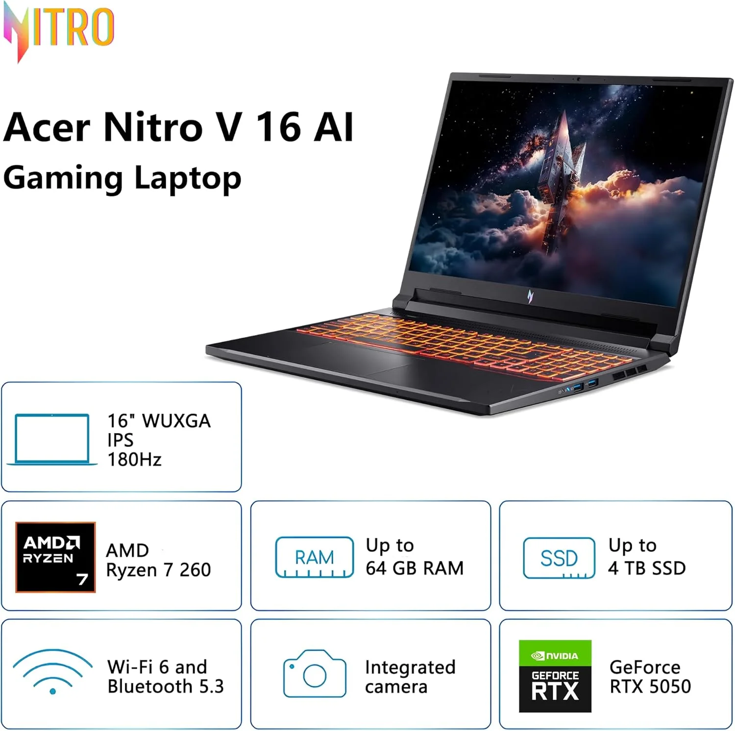لپ تاپ گیمینگ ایسر Nitro V 16 AI | صفحه نمایش 16 اینچی WUXGA IPS 180Hz | AMD 8 هسته ای Ryzen 7 260 | 32 گیگابایت DDR5 1 ترابایت SSD | GeForce RTX 5050 8GB DLSS4 (تا 440 AI Tops) | کیبورد با نور پس زمینه Windows 11 به همراه لوازم جانبی DLCA