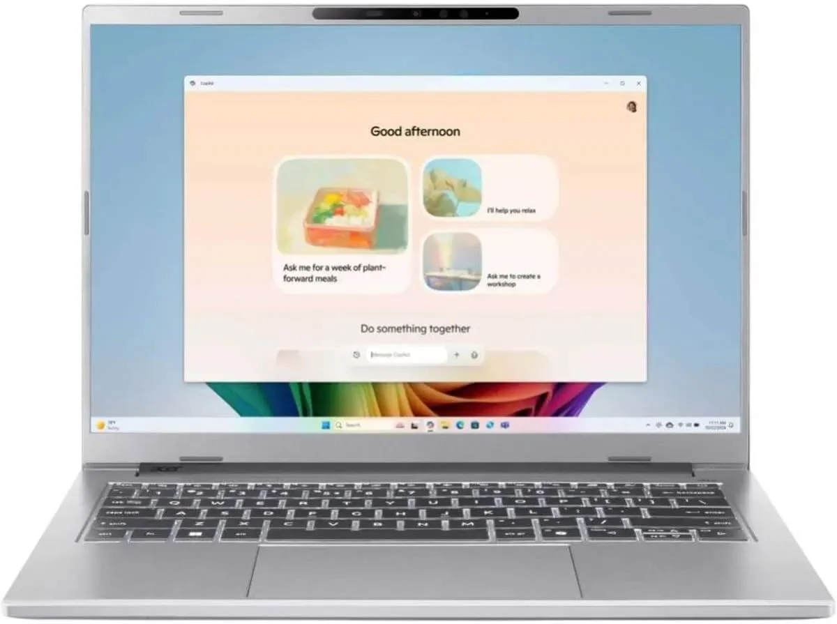 لپ تاپ Acer Aspire A14 AI با پردازنده نسل چهاردهم Intel Core Ultra 7-256V هشت هسته ای تا 4.8 گیگاهرتز/ 16 گیگابایت رم LPDDR5X/ 1 ترابایت حافظه SSD/ گرافیک Intel® Arc™ 140V/ صفحه نمایش 14 اینچی WUXGA IPS OLED/ ویندوز 11/ کیبورد با نور پس زمینه/ WiFi-7/ نقره ای خالص