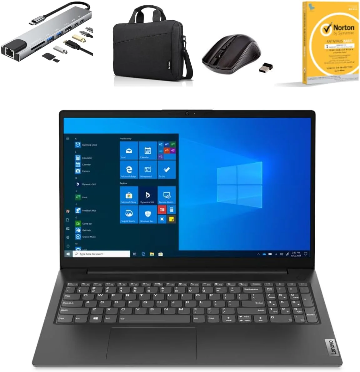 لپ تاپ لنوو V15 G2 IJL، صفحه نمایش 15.6 اینچی FHD، پردازنده Intel Celeron N4500، رم 8 گیگابایتی DDR4، حافظه SSD NVMe 512 گیگابایتی، گرافیک Intel UHD، ویندوز 11، به همراه کیف لپ تاپ، هاب USB Type-C 8 در 1، ماوس بی سیم، آنتی ویروس