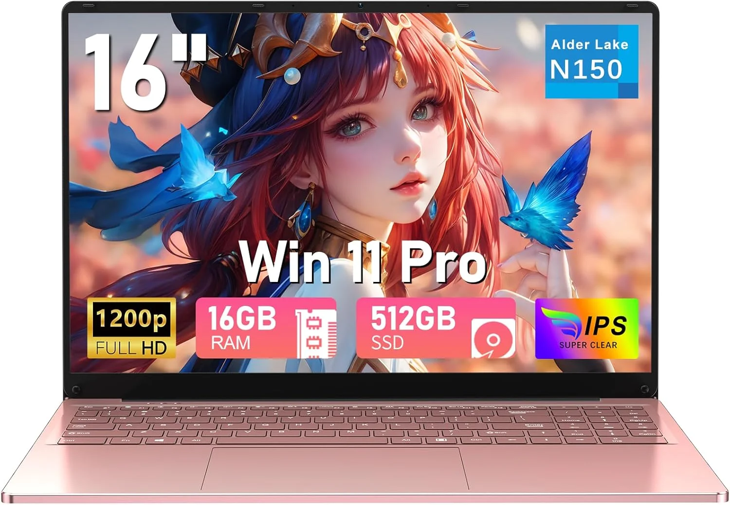 لپ تاپ کامپیوتر گیمینگ، لپ تاپ 16 اینچی 2025 Win 11 Pro با 16 گیگابایت رم و 512 گیگابایت SSD، N150 (تا 3.6 گیگاهرتز)، کیبورد با نور پس زمینه، صفحه نمایش FHD 1920 * 1200، 6000mAh، WiFi 5 BT 4.2، گرافیک UHD (1 گیگاهرتز)، صورتی