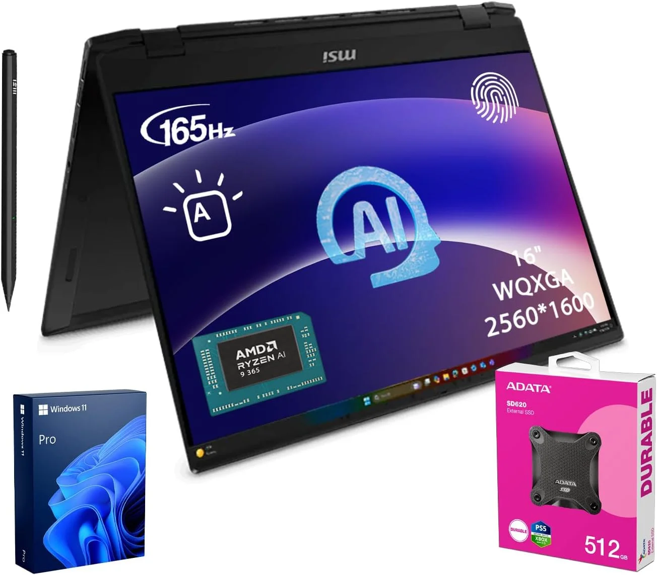 لپ تاپ تجاری MSI Summit A16 AI Copilot 2-in-1، صفحه لمسی 16 اینچی WQXGA 2560 * 1600 با نرخ تازه سازی 165 هرتز، پردازنده AMD Ryzen AI 9 365، رم 32 گیگابایتی، حافظه SSD 2 ترابایتی، Wi-Fi 7، حسگر اثر انگشت، ویندوز 11 پرو، به همراه SSD اکسترنال Adata 512 گیگابایتی