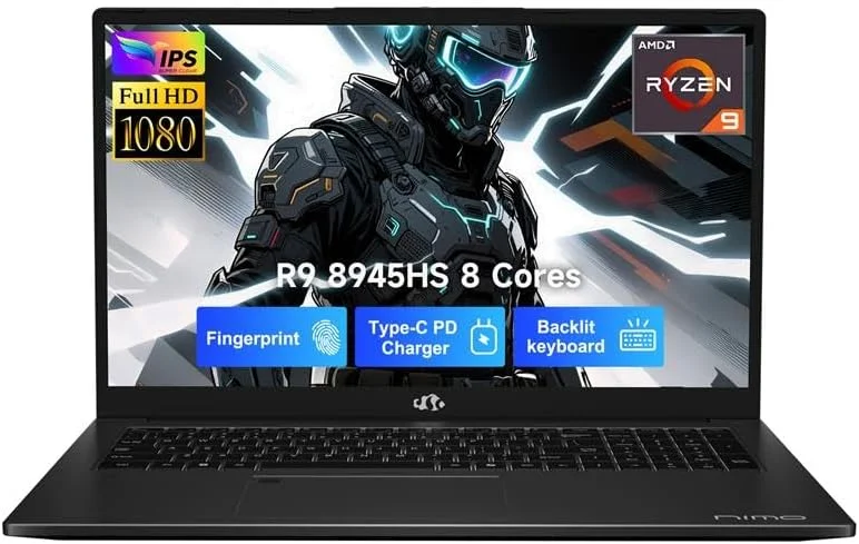لپ تاپ گیمینگ 17.3 اینچی IPS FHD، پردازنده 8 هسته ای AMD Ryzen 9 8945HS، رم 64 گیگابایتی DDR5، حافظه 2 ترابایتی SSD (بهتر از i9-13900H تا 5.2 گیگاهرتز)، کارت گرافیک AMD Radeon 780M، کامپیوتر با صفحه کلید دارای نور پس زمینه Type-C 100 واتی و حسگر اثر انگشت