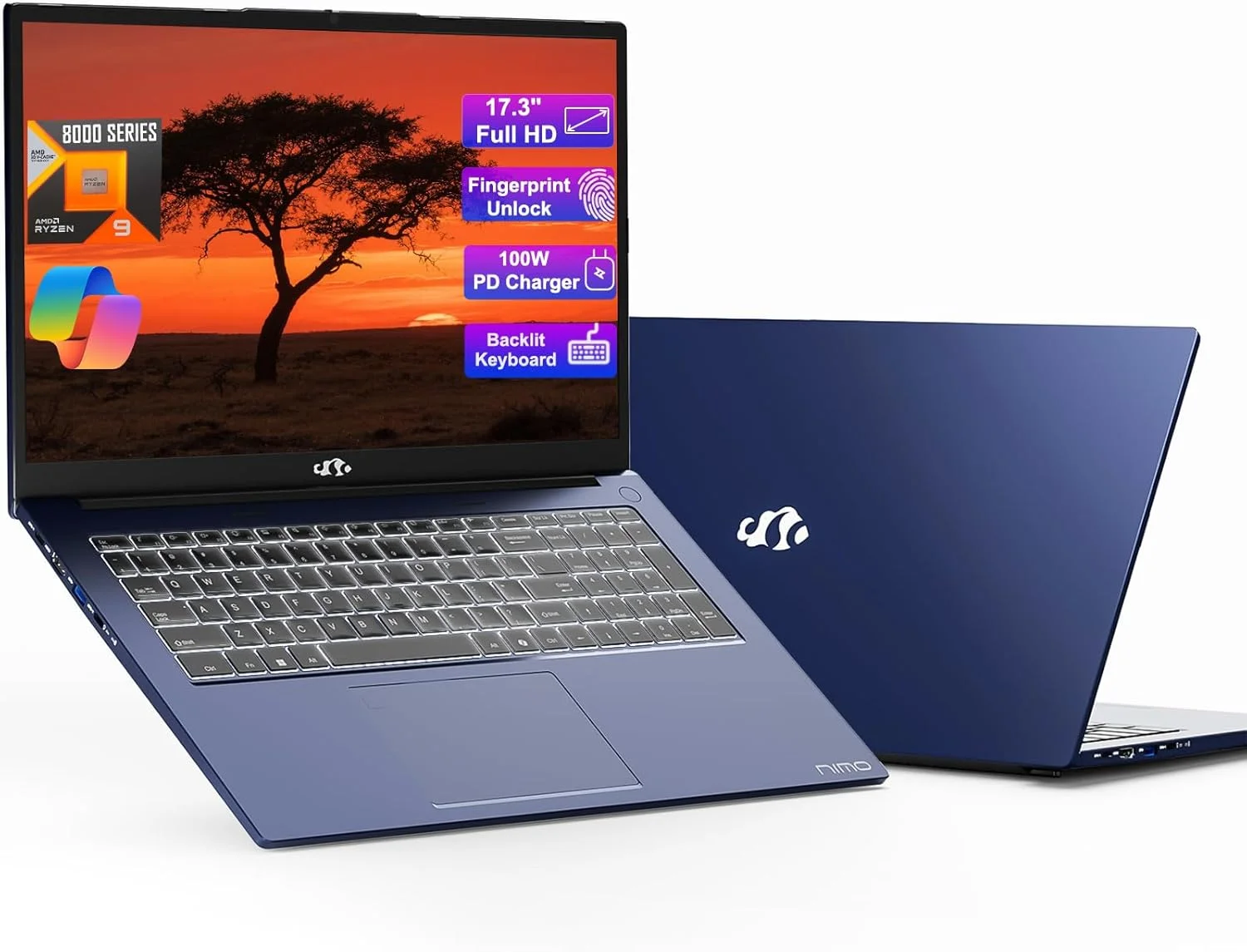 لپ تاپ گیمینگ NIMO، صفحه نمایش 17.3 اینچی IPS FHD 1080P، AMD Ryzen 9 8945HS، رم 64 گیگابایتی DDR5، اس اس دی 2 ترابایتی (تا 5.2 گیگاهرتز)، پردازنده گرافیکی Radeon 780M، کامپیوتر هوش مصنوعی، کیبورد با نور پس زمینه Type-C 100 واتی و حسگر اثر انگشت