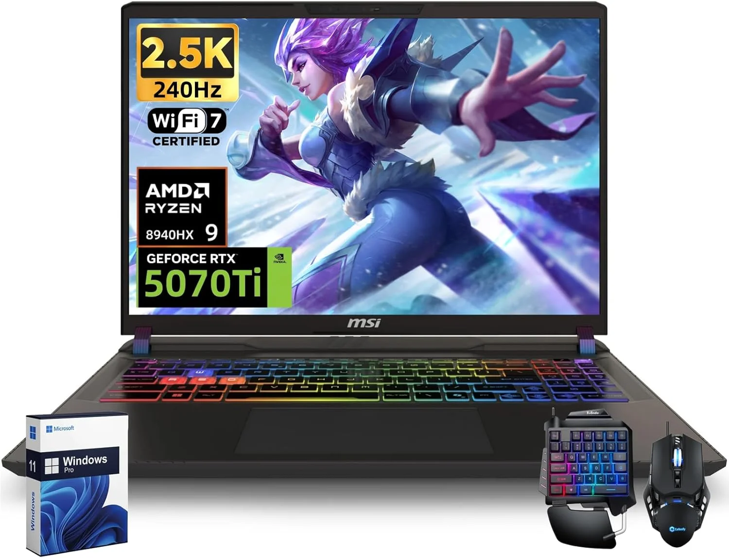 لپ تاپ گیمینگ MSI Vector 16، پردازنده AMD Ryzen 9 8940HX، کارت گرافیک NVIDIA RTX 5070Ti با حافظه 12GB GDDR7، نمایشگر 16 اینچی 240Hz 2.5K QHD+ LCD، وای فای 7، کیبورد با نور پس زمینه RGB، حافظه رم 64 GB DDR5، حافظه اس اس دی 1 TB، ویندوز 11 پرو، لوازم جانبی