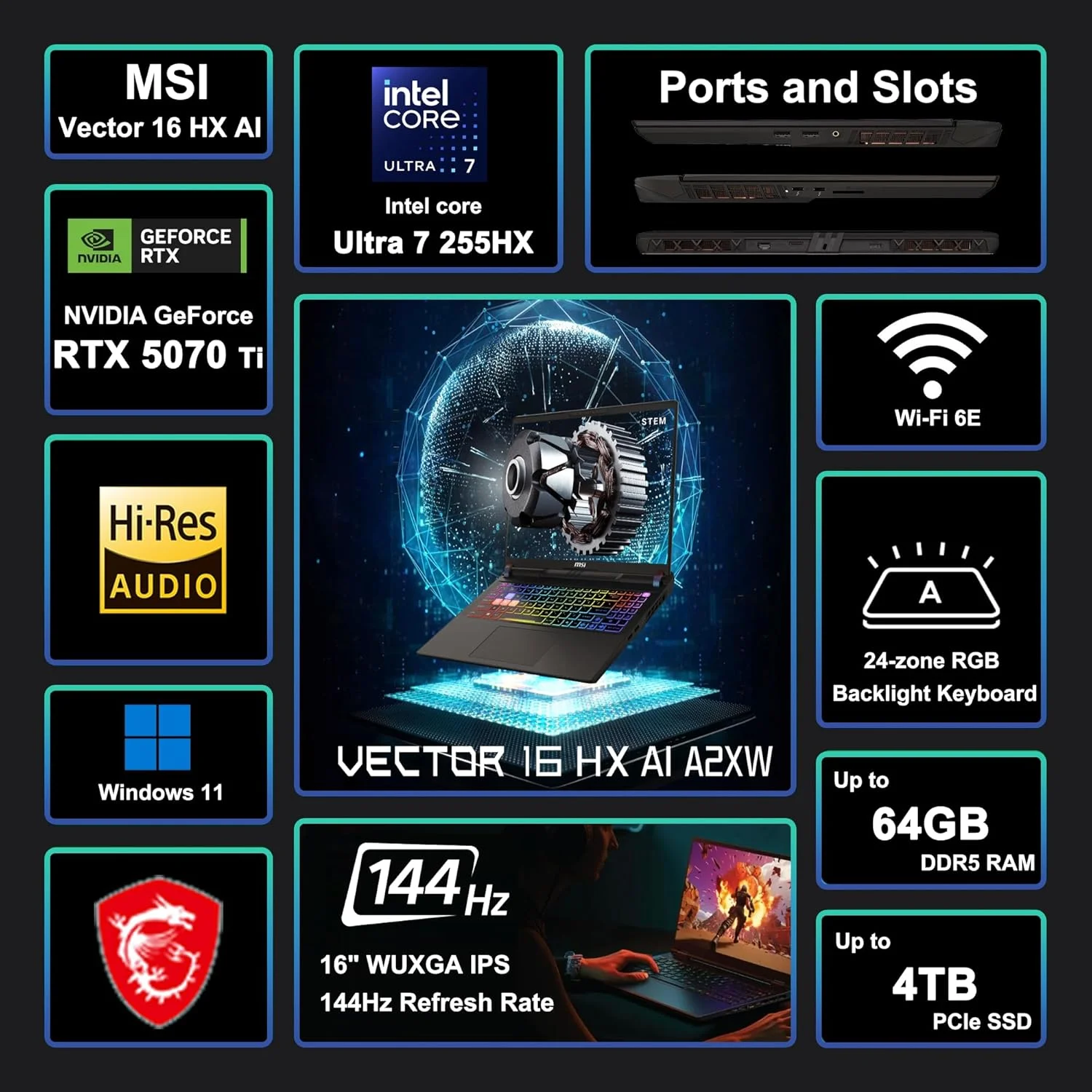 لپ تاپ گیمینگ MSI Vector 16 HX AI با صفحه نمایش 16 اینچی WUXGA IPS 144Hz، پردازنده 20 هسته ای Intel Ultra 7 255HX (بهتر از i9-14900HX)، رم 64 گیگابایت، حافظه SSD 2 ترابایت، کارت گرافیک GeForce RTX 5070 Ti، نور پس زمینه RGB، تاندربولت 5، وای فای 6E، ویندوز 11 و ICP Hub با Copilot AI PC لپ تاپ گیمینگ MSI Vector 16 HX AI با صفحه نمایش 16 اینچی WUXGA IPS 144Hz، پردازنده 20 هسته ای Intel Ultra 7 255HX (بهتر از i9-14900HX)، رم 64 گیگابایت، حافظه SSD 2 ترابایت، کارت گرافیک GeForce RTX 5070 Ti، نور پس زمینه RGB، تاندربولت 5، وای فای 6E، ویندوز 11 و ICP Hub با Copilot AI PC