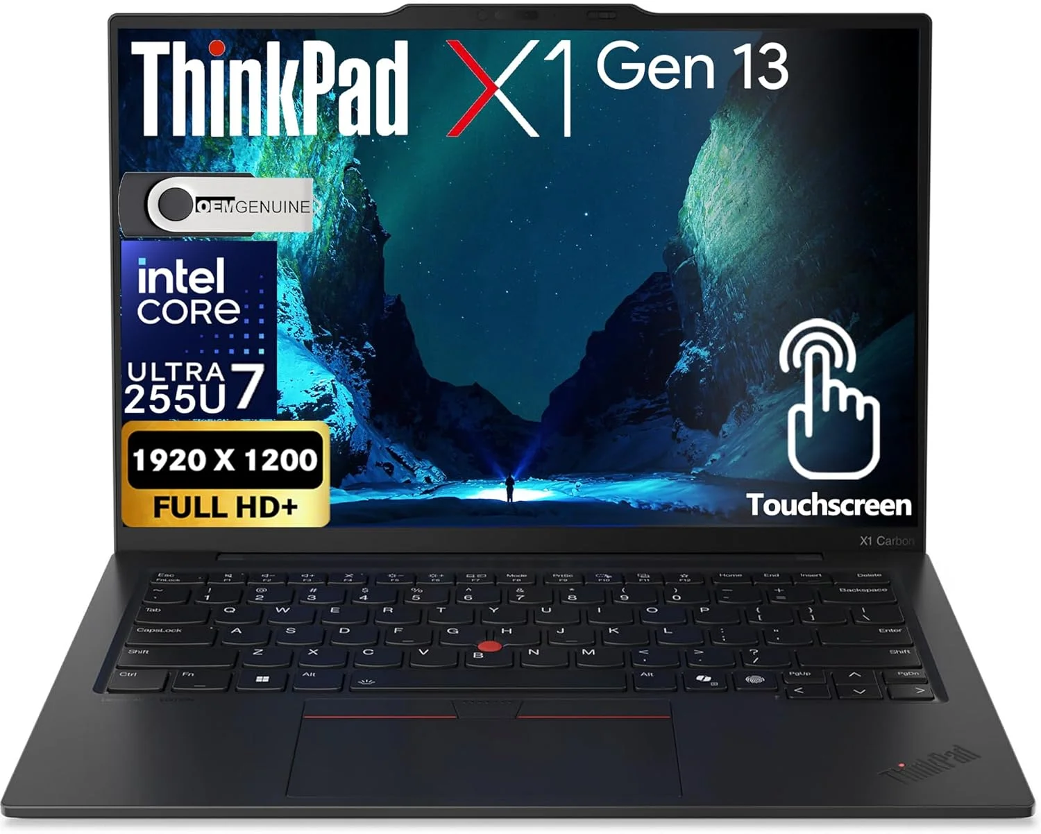 لپ تاپ تجاری لنوو ThinkPad X1 Carbon نسل 13، پردازنده Intel Ultra 7 255U، صفحه نمایش لمسی 14 اینچی FHD+، رم 32 گیگابایتی DDR5، حافظه SSD PCIe 1 ترابایتی، WiFi 6E + BT، RJ-45، کیبورد با نور پس زمینه، وب کم 1080p، ویندوز 11 پرو - مشکی