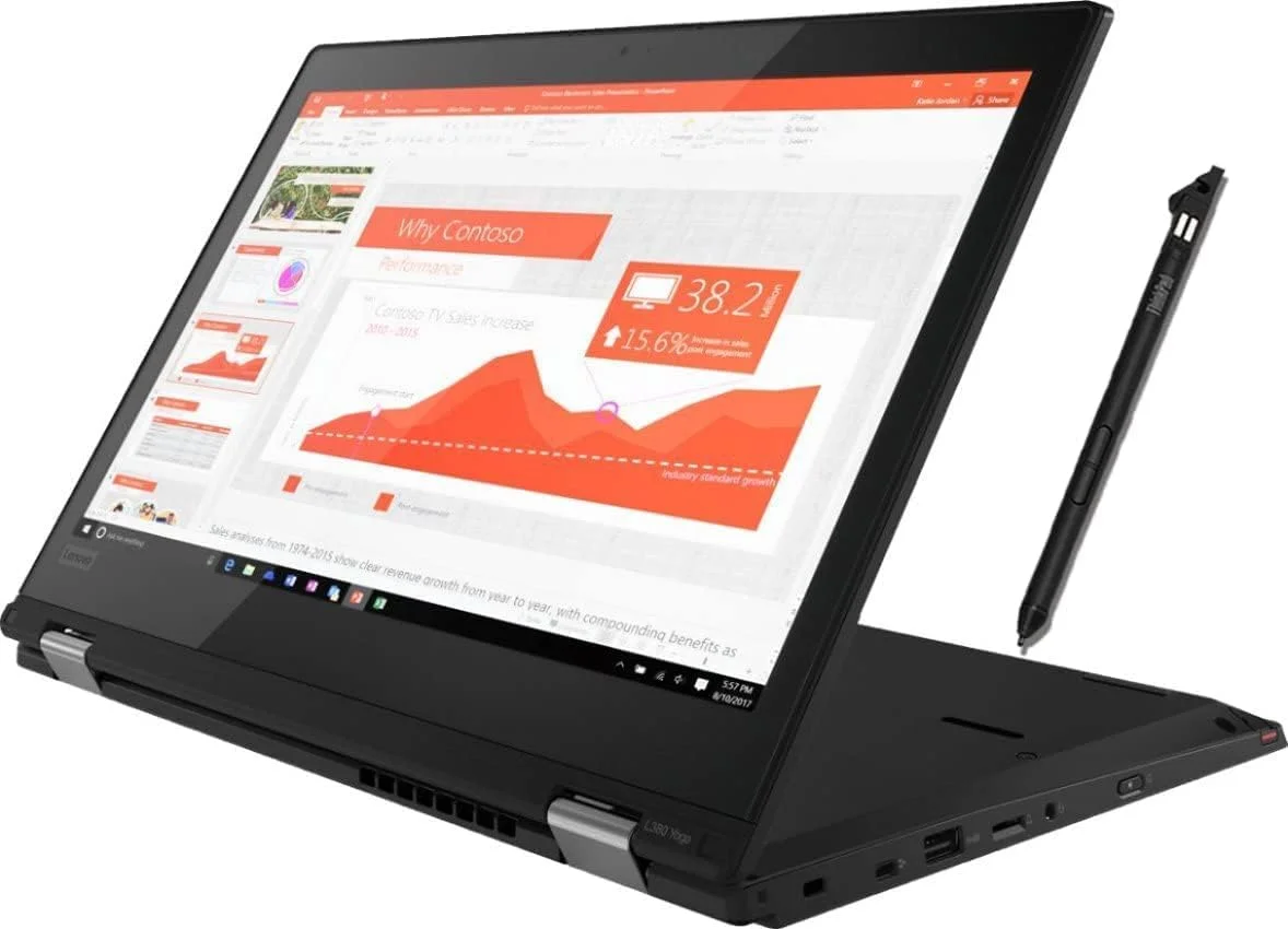 لپ تاپ 2 در 1 لنوو ThinkPad L380 Yoga، صفحه نمایش لمسی 13.3 اینچی FHD، پردازنده Intel Core i5-8250U، رم 16 گیگابایتی، SSD 512 گیگابایتی، صفحه لمسی، حسگر اثر انگشت، کیبورد با نور پس زمینه، ویندوز 11 (بازسازی شده)