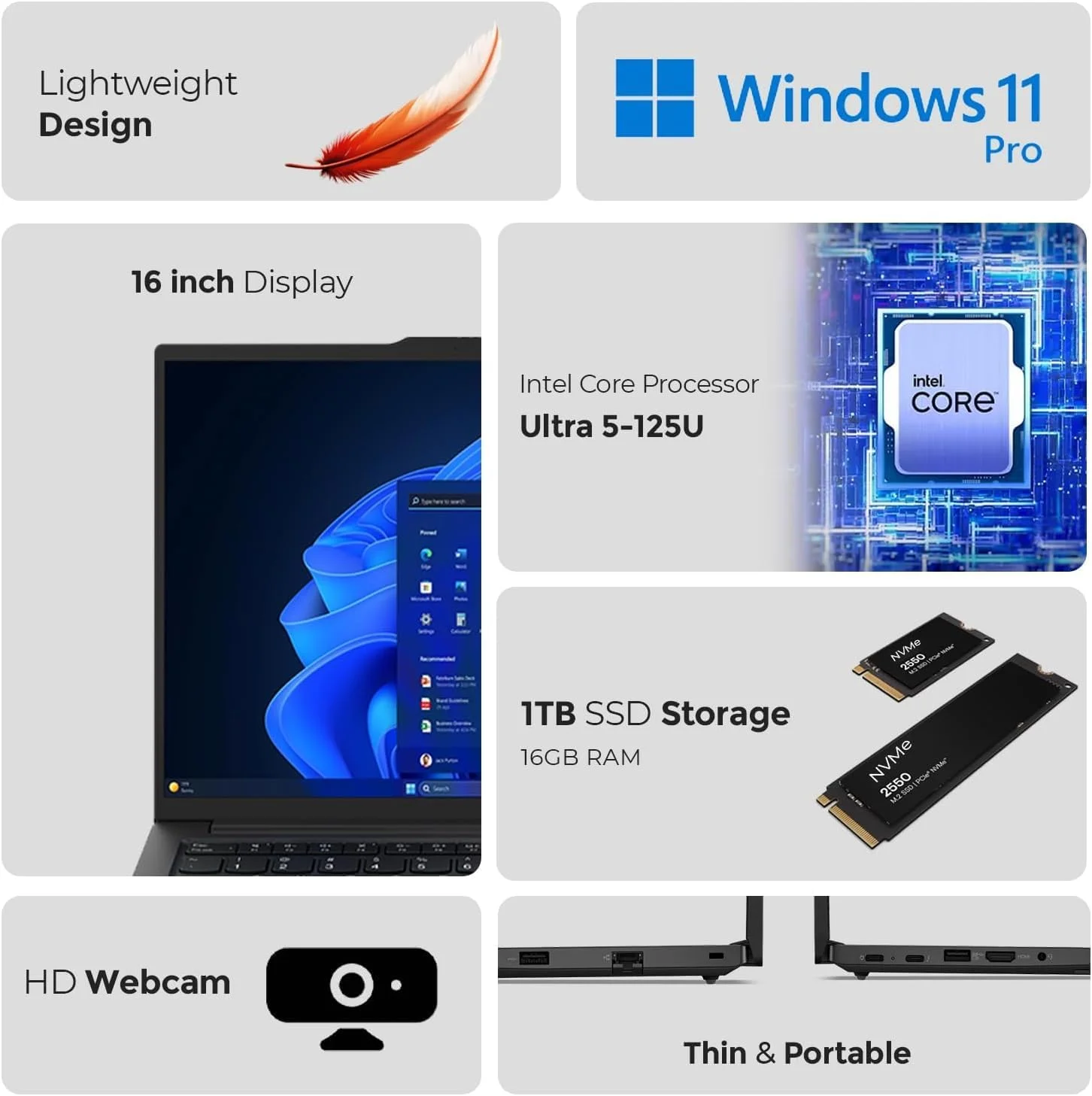 لپ تاپ تجاری 16 اینچی لنوو ThinkPad E16 Gen 2 - اینتل Core Ultra 5-125U، رم 16 گیگابایتی DDR5، اس اس دی 1 ترابایتی، ویندوز 11 پرو | شامل هاب USB-C هفت در یک First Wave، ماوس بی سیم، کیف لپ تاپ، آنتی ویروس و پد ماوس