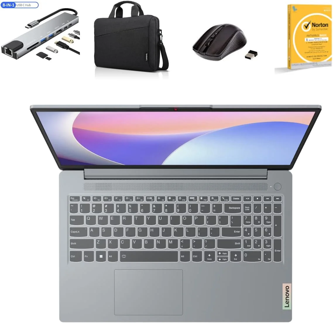 لپ تاپ لنوو IdeaPad Slim 3 15IRU8، صفحه نمایش 15.6 اینچی FHD، پردازنده Intel Core i3-1315u 1.6GHz، رم 8GB DDR5، حافظه 512GB NVMe SSD، گرافیک Intel UHD، ویندوز 11، به همراه کیف لپ تاپ، هاب USB Type-C هشت در یک، ماوس بی سیم، آنتی ویروس