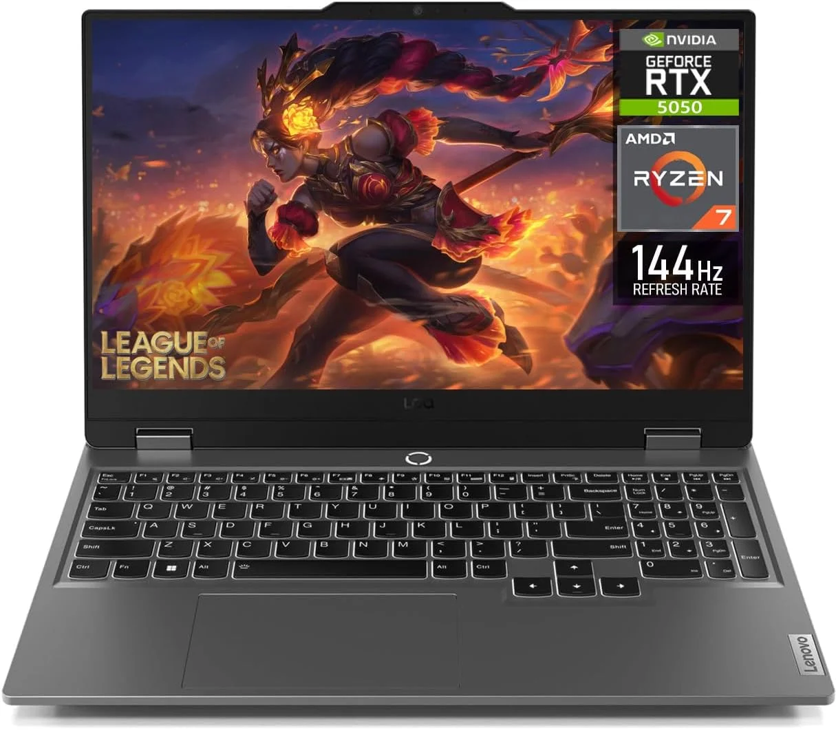 لپ تاپ گیمینگ Lenovo LOQ 15 با صفحه نمایش 15.6 اینچی FHD 144 هرتز، پردازنده AMD Ryzen 7-250، رم 16 گیگابایتی DDR5، حافظه SSD 512 گیگابایتی، کارت گرافیک NVIDIA GeForce RTX 5050 با 8 گیگابایت GDDR7، کیبورد انگلیسی با نور پس زمینه سفید، ویندوز 11، خاکستری