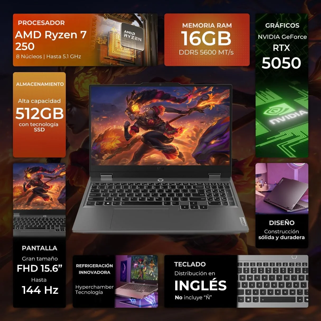 لپ تاپ گیمینگ Lenovo LOQ 15 با صفحه نمایش 15.6 اینچی FHD 144 هرتز، پردازنده AMD Ryzen 7-250، رم 16 گیگابایتی DDR5، حافظه SSD 512 گیگابایتی، کارت گرافیک NVIDIA GeForce RTX 5050 با 8 گیگابایت GDDR7، کیبورد انگلیسی با نور پس زمینه سفید، ویندوز 11، خاکستری