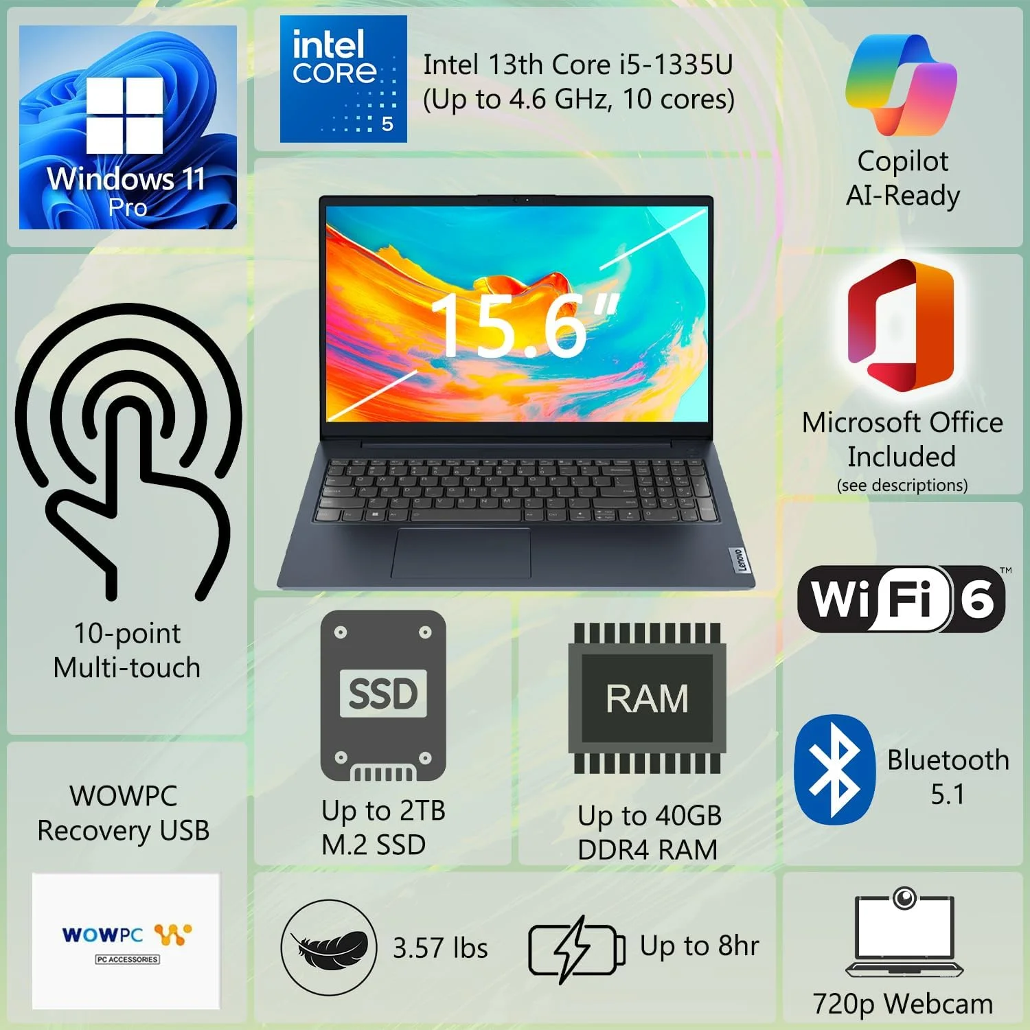 لپ تاپ تجاری لنوو IdeaPad، صفحه نمایش لمسی 15.6 اینچی FHD، پردازنده 10 هسته ای اینتل i5 نسل سیزدهم (تا 4.6 گیگاهرتز)، 16 گیگابایت رم، 1 ترابایت SSD، آماده برای Copilot AI، Wi-Fi 6، ویندوز 11 پرو به همراه Microsoft Office، USB بازیابی WOWPC