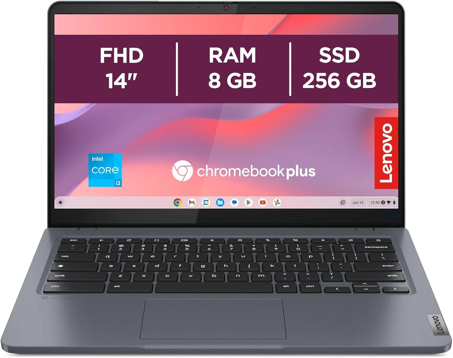 لنوو IdeaPad Slim 3 Chromebook Plus 14 اینچ FHD (1920x1080)، پردازنده Intel Core i3-N305، رم 8 گیگابایت، حافظه SSD 256 گیگابایت، WiFi 6، ChromeOS (سازگار با Google App، Microsoft 365، Adobe)