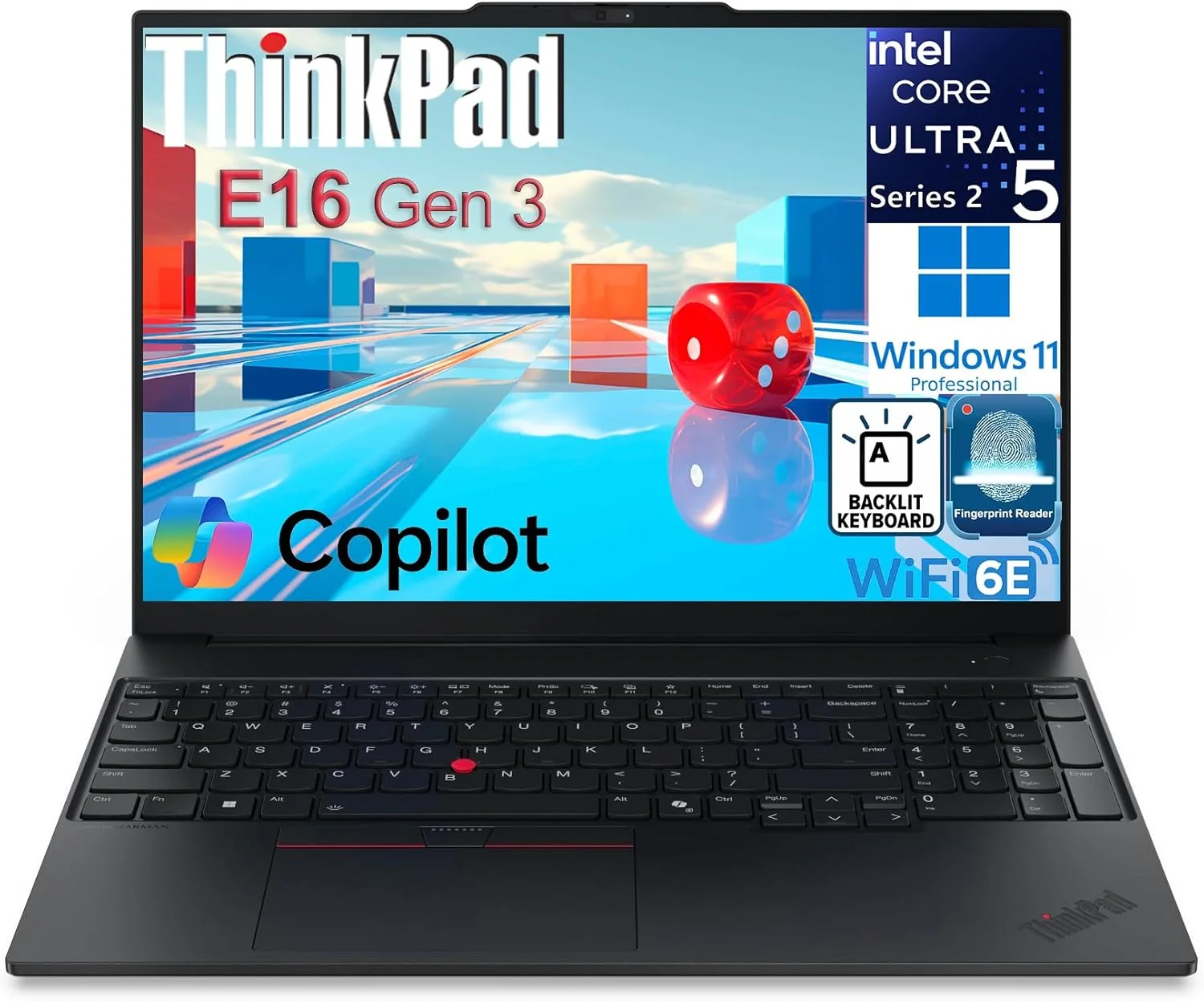 لپ تاپ تجاری لنوو ThinkPad E16 Gen 3 با صفحه نمایش 16 اینچی FHD+، پردازنده 14 هسته ای اینتل Ultra 5 225H، رم 16 گیگابایتی DDR5، حافظه اس اس دی 512 گیگابایتی PCIe، وای فای 6E، بلوتوث 5.3، کیبورد با نور پس زمینه، حسگر اثر انگشت، و ویندوز 11 پرو