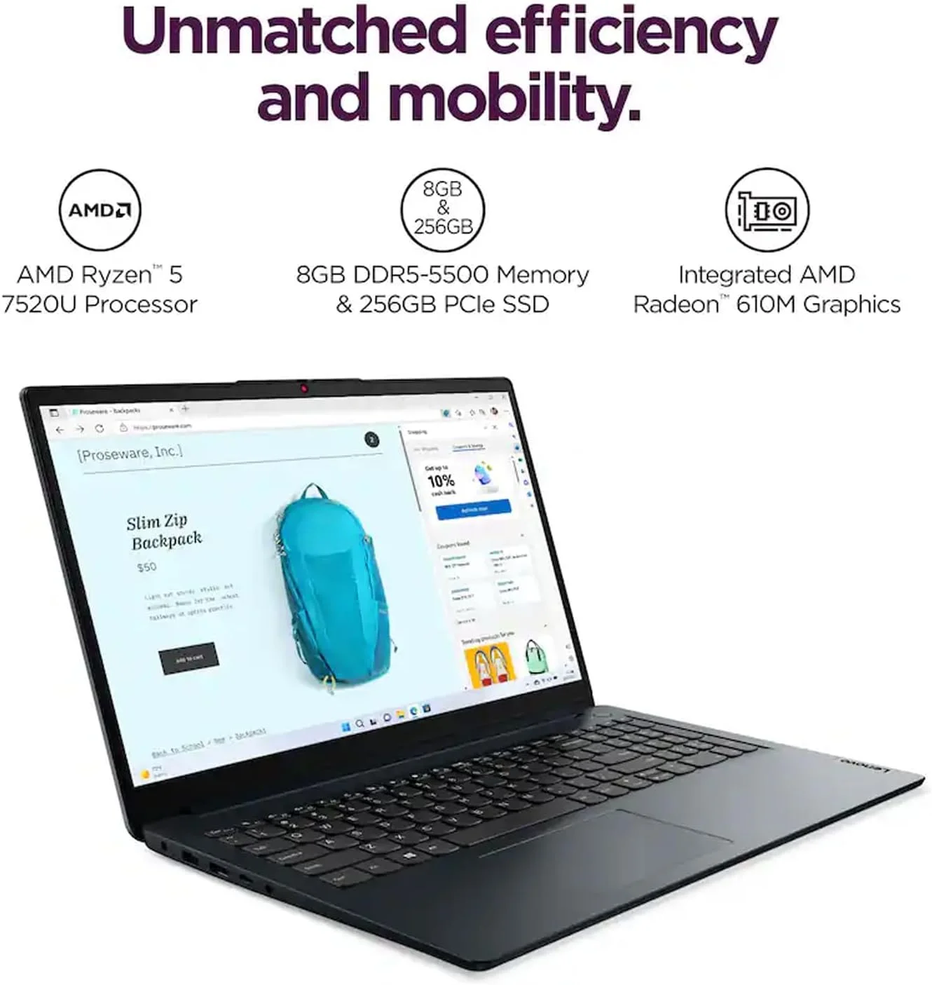 لپ تاپ 15.6 اینچی لنوو IdeaPad، صفحه نمایش FHD (1920x1080) TN 220nits ضد تابش نور، AMD Ryzen 5 7520U، رم 8 گیگابایتی LPDDR5، اس اس دی 512 گیگابایتی، گرافیک AMD Radeon 610M، ویندوز 11 هوم، آبی تیره، هدفون های بی سیم EAT