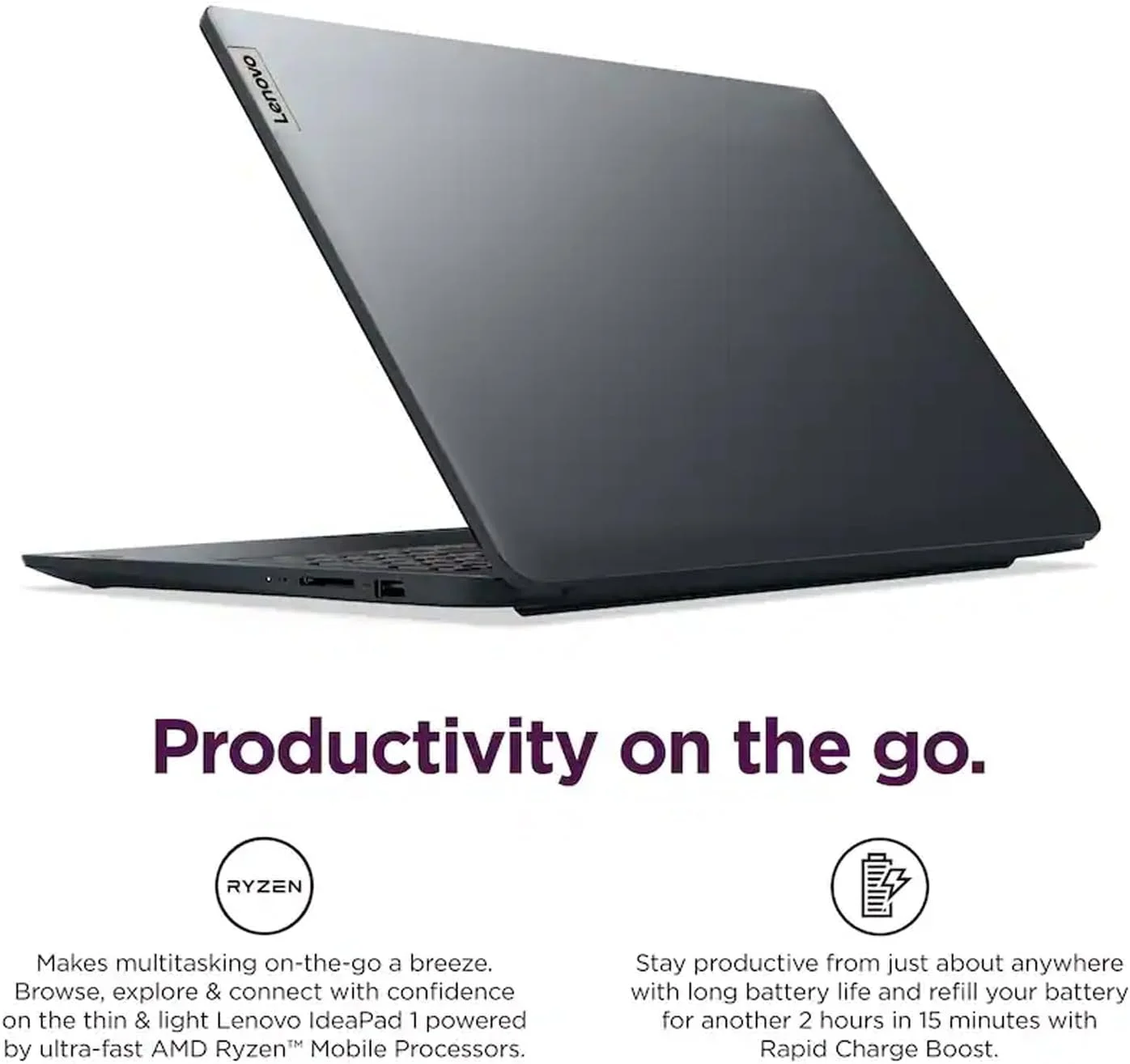 لپ تاپ 15.6 اینچی لنوو IdeaPad، صفحه نمایش FHD (1920x1080) TN 220nits ضد تابش نور، AMD Ryzen 5 7520U، رم 8 گیگابایتی LPDDR5، اس اس دی 512 گیگابایتی، گرافیک AMD Radeon 610M، ویندوز 11 هوم، آبی تیره، هدفون های بی سیم EAT