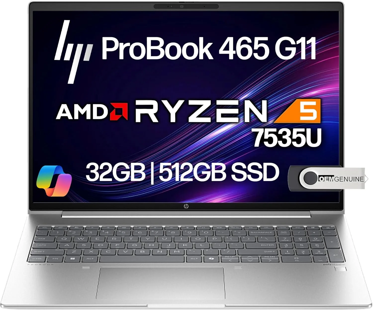 لپ تاپ تجاری HP ProBook 465 460 G11 با صفحه نمایش 16 اینچی FHD+، پردازنده AMD Ryzen 5 7535U، رم 32 گیگابایتی DDR5، حافظه 512 گیگابایتی NVMe، Wi-Fi 6E، RJ-45، وب کم، کیبورد با نور پس زمینه، ویندوز 11 پرو - پلاستیک نقره ای پایک