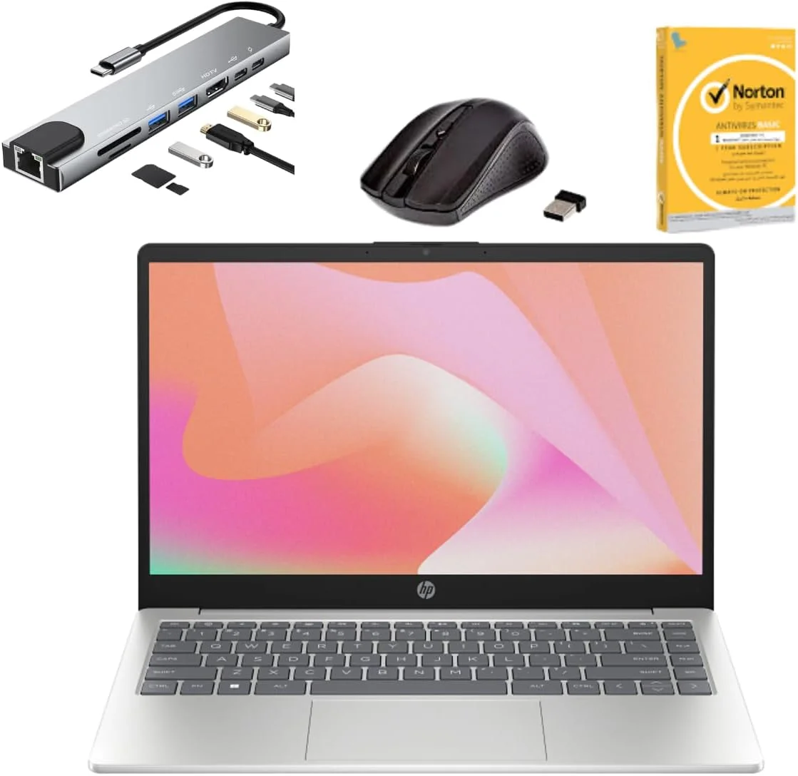 لپ تاپ HP 14، پردازنده Intel Core i3-1315U، رم 8 گیگابایتی DDR4، حافظه SSD 512 گیگابایتی NVM.e، صفحه نمایش 14 اینچی FHD، گرافیک Intel UHD، Wi-Fi 6، بلوتوث 5.4، دوربین HD 720p، ویندوز 11، به همراه هاب USB، ماوس بی سیم و نرم افزار ضد ویروس