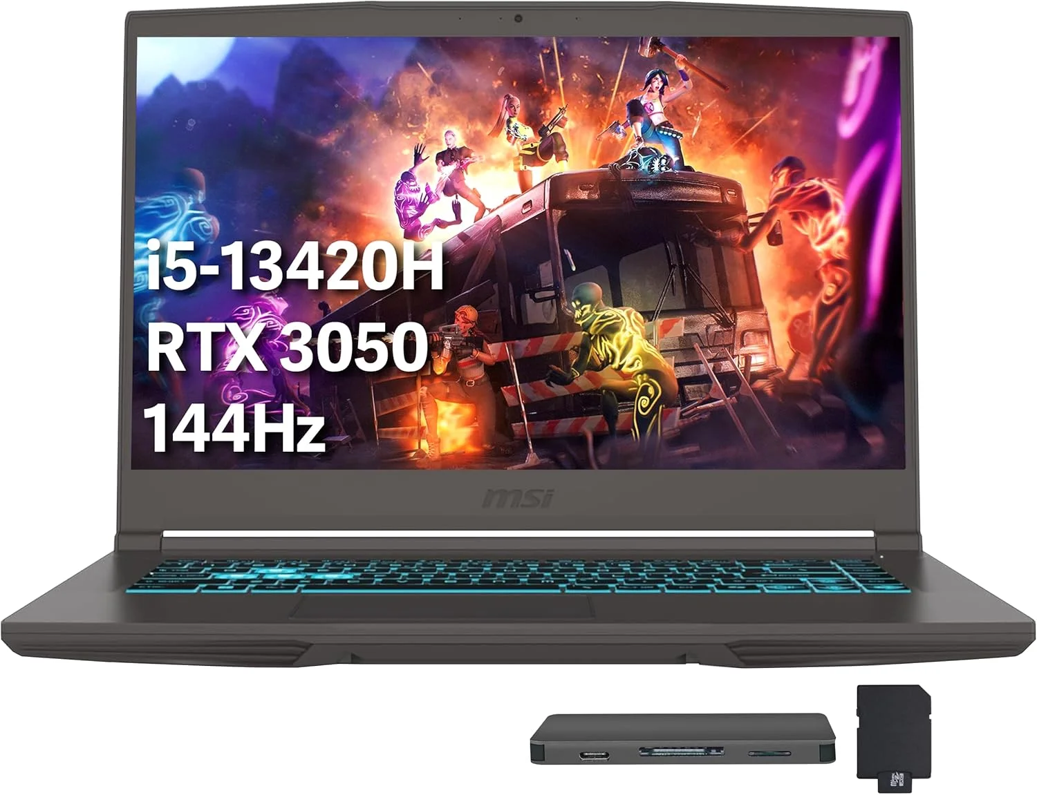 لپ تاپ گیمینگ MSI Thin با صفحه نمایش 15.6 اینچی FHD IPS 144 هرتز، پردازنده Intel Core i5-13420H، رم 16 گیگابایتی، SSD 1 ترابایتی، NVIDIA GeForce RTX 3050، کیبورد با نور پس زمینه، Wi-Fi 6، ویندوز 11 پرو، خاکستری، مجموعه داکینگ استیشن 512 گیگابایتی