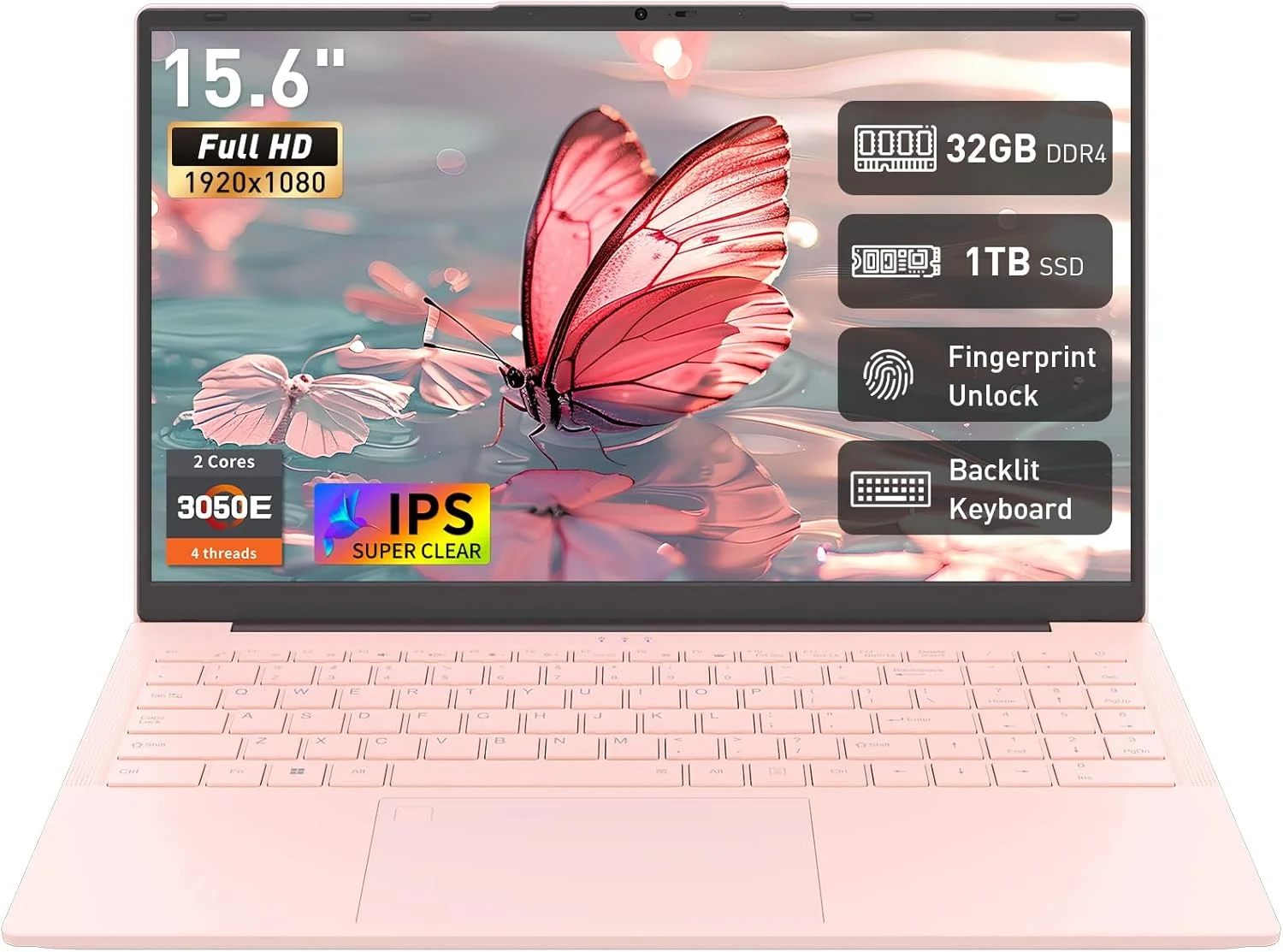 لپ تاپ 15.6 اینچی FHD، پردازنده Athlon Silver 3050E، رم 32 گیگابایتی DDR4، اس اس دی 1 ترابایتی، WiFi 5/ USB 3.0/ Type-C/HDMI، ویندوز 11 پرو، نوت بوک کامپیوتر IPS نازک و سبک برای کار، تحصیل و سرگرمی، صورتی